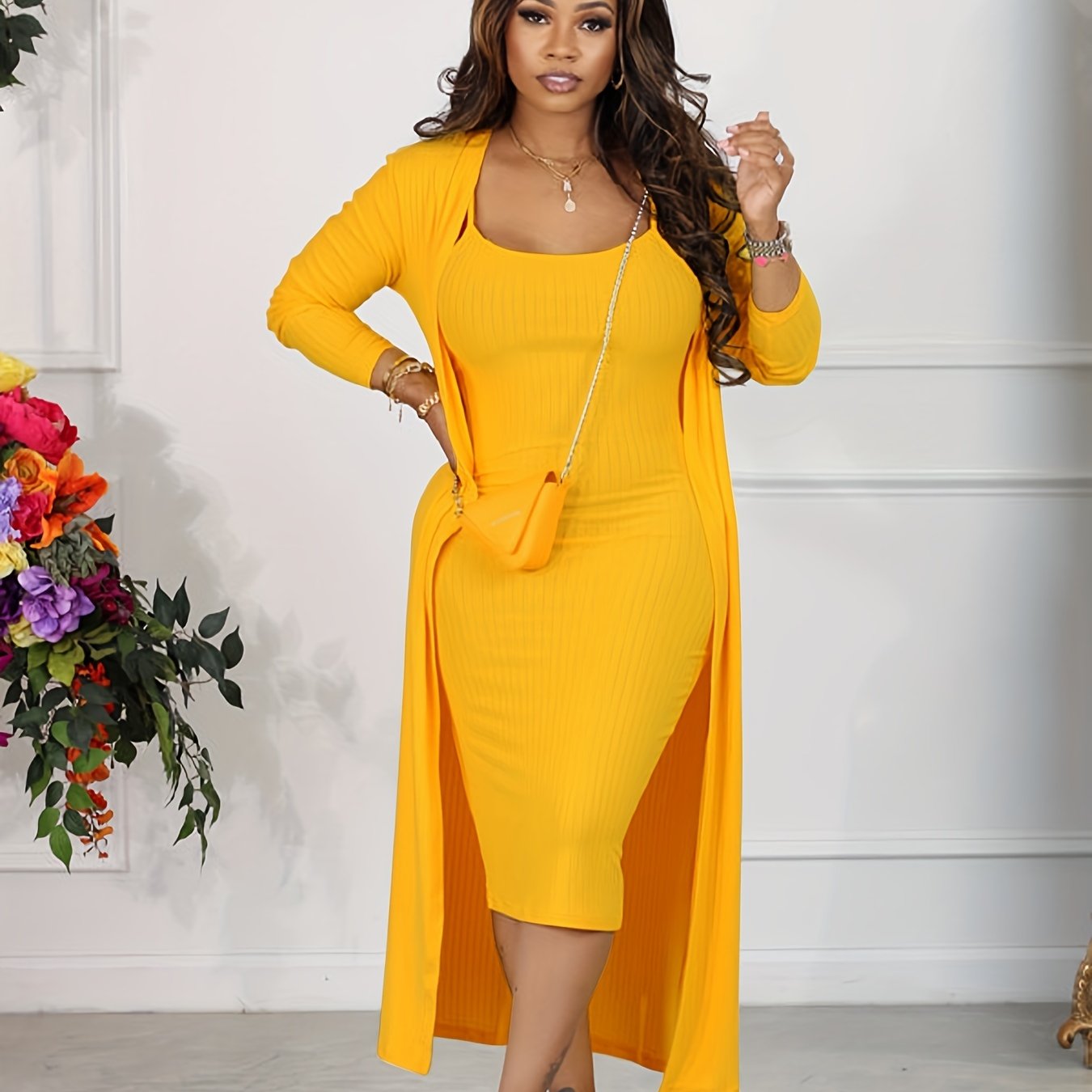 Two-piece Long Sleeve Casual Solid Ribbed Set: Cardigan & Bodycon Cami Dress Outfits for Women