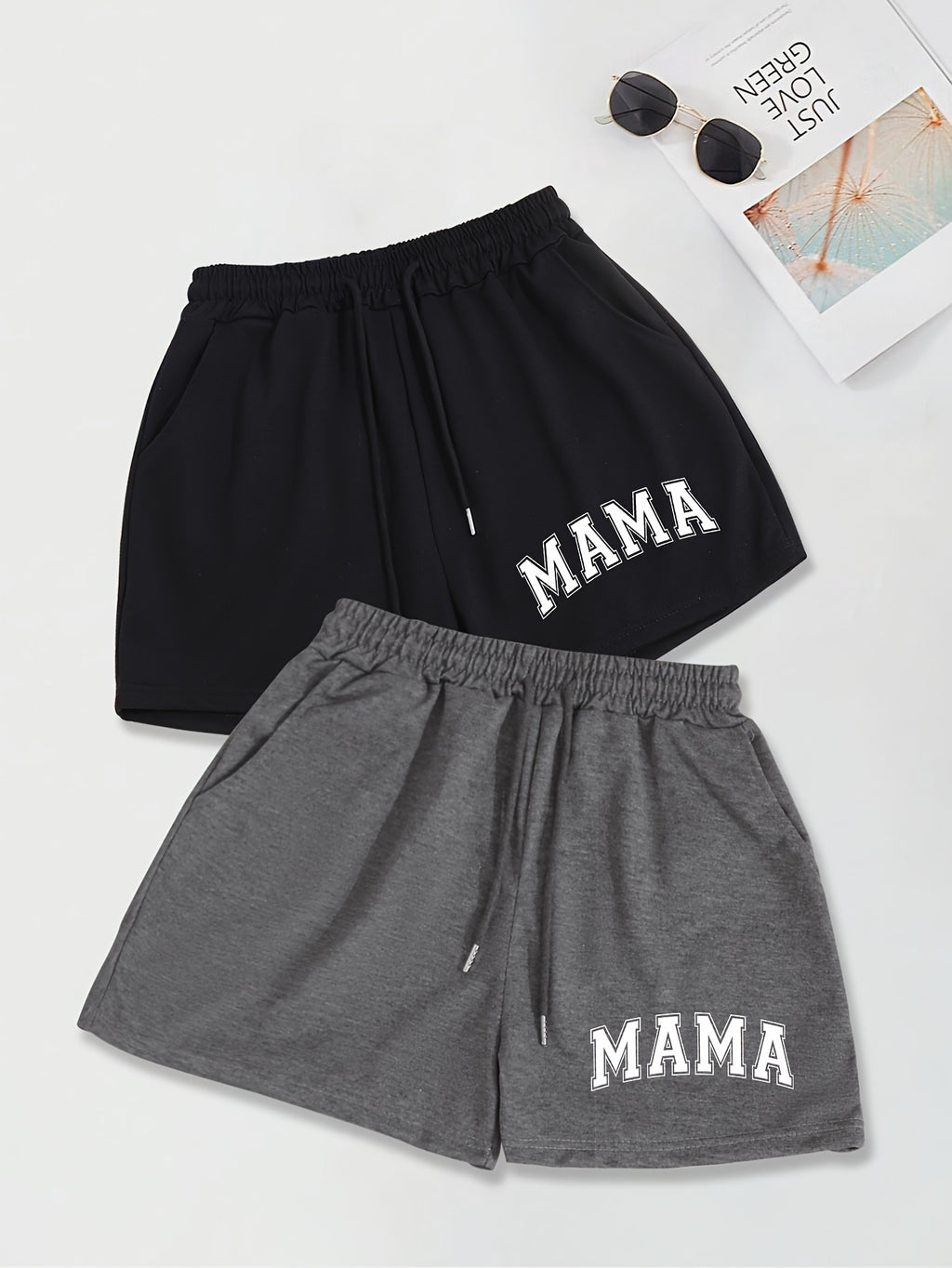 2 Pack Slant Pocket Elastic Waist Shorts, Mama Print Casual Drawstring Shorts Outfits for Women