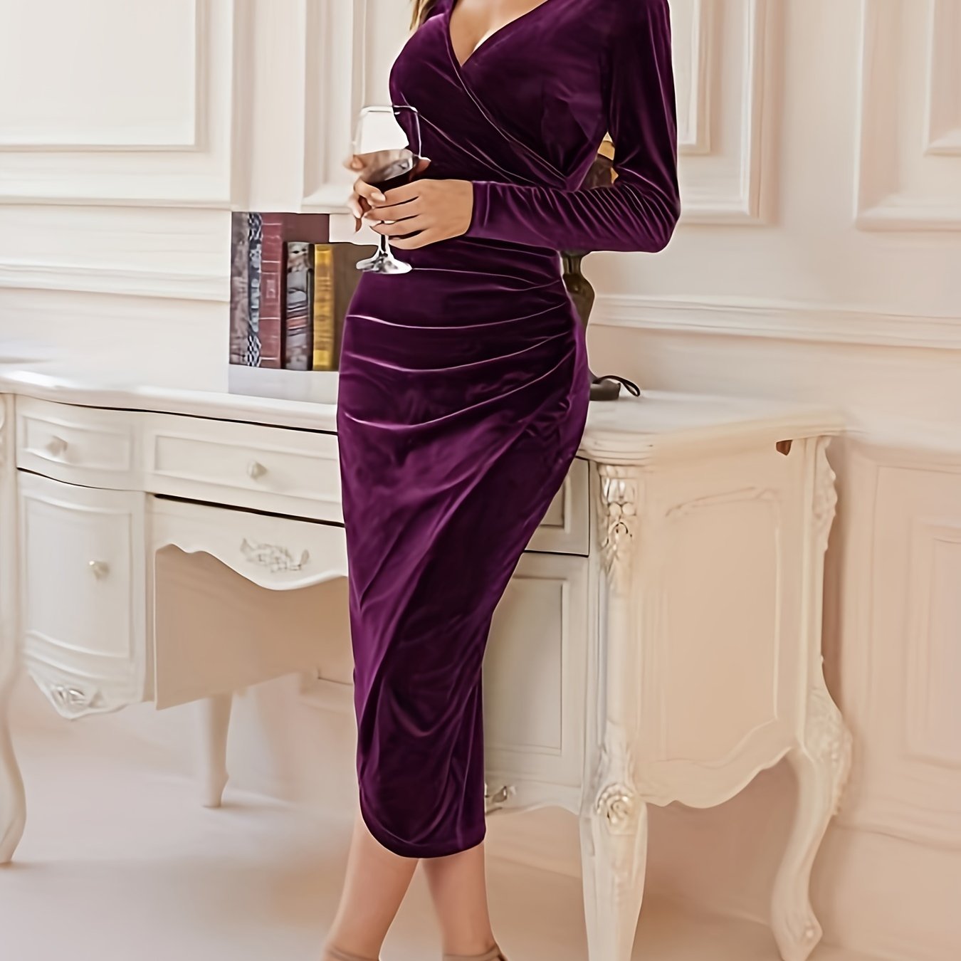 Surplice Neck Solid Dress, Elegant Long Sleeve Bodycon Party Dress, Women's Clothing