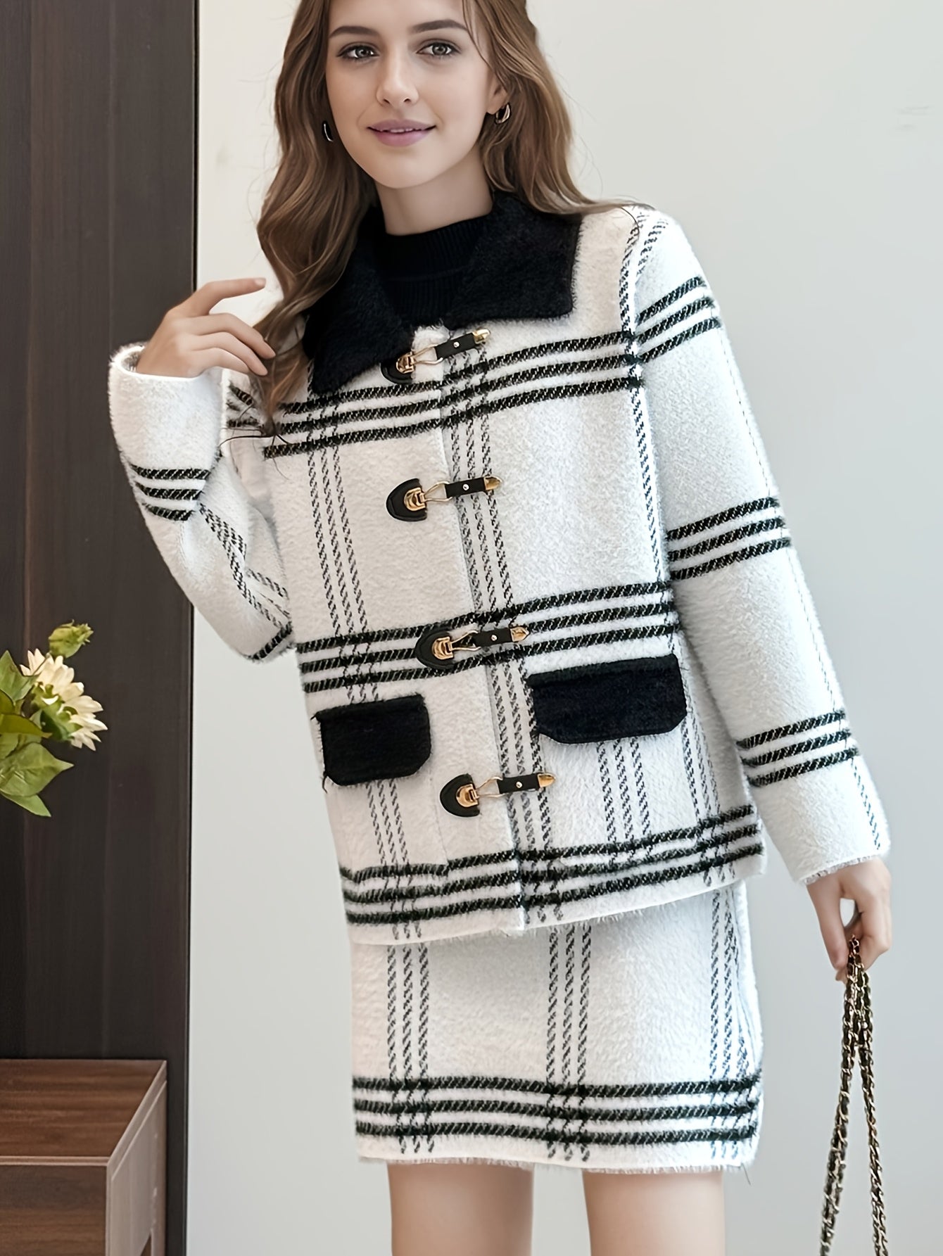 Elegant Plaid Pattern Knit Skirt Set, Cozy Soft&Warm, Long Sleeve Button Front Knitted Coat & High Waist A-line Mini Skirt Outfits - For Women - Perfect for Fall/Winter - Ideal Gift for Fashionable Ladies
