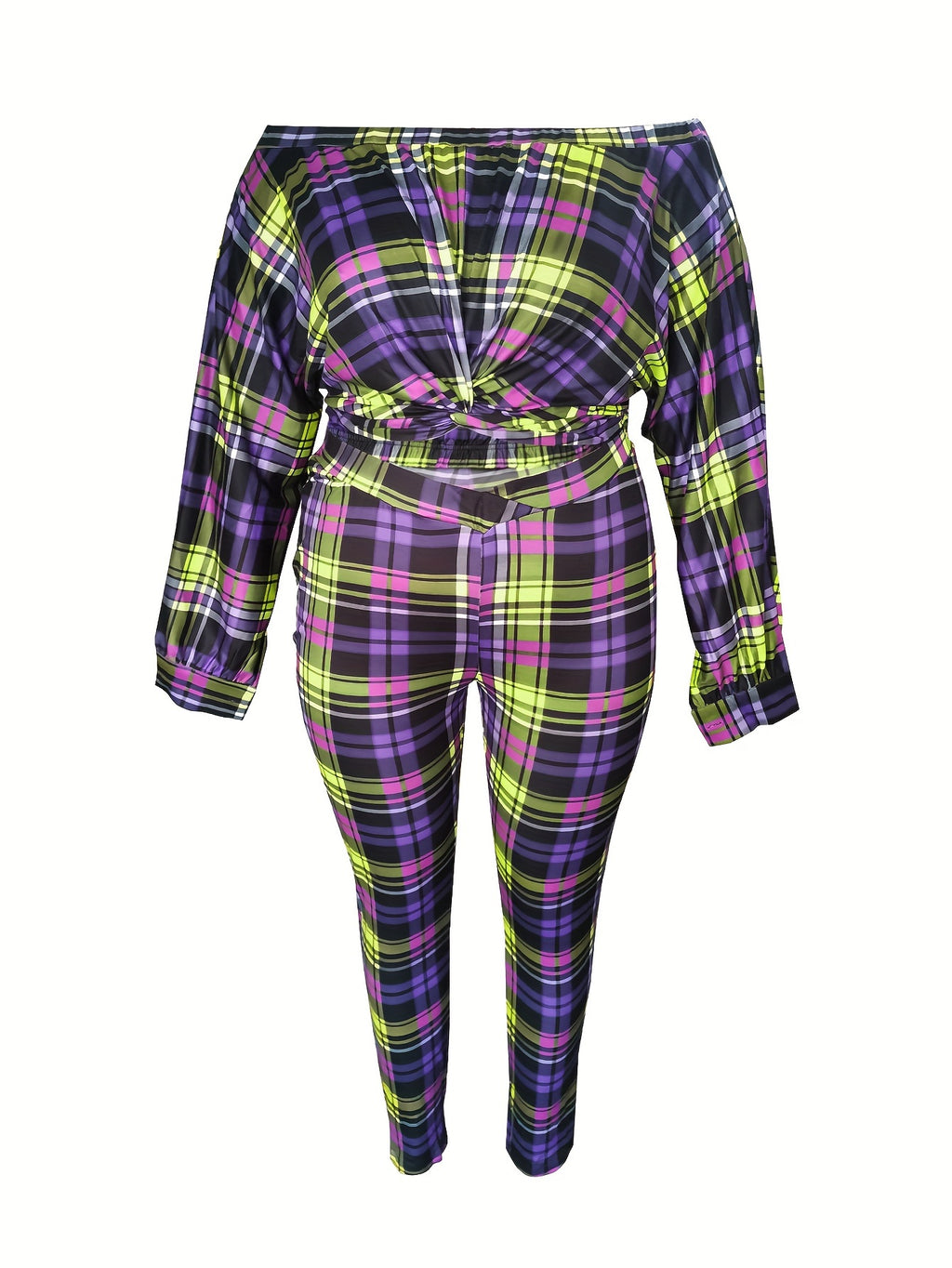 Plus Size Sexy Outfits Set, Women's Plus Plaid Print Twist Front Off Shoulder Long Sleeve Crop Top & Leggings Outfits Two Piece Set
