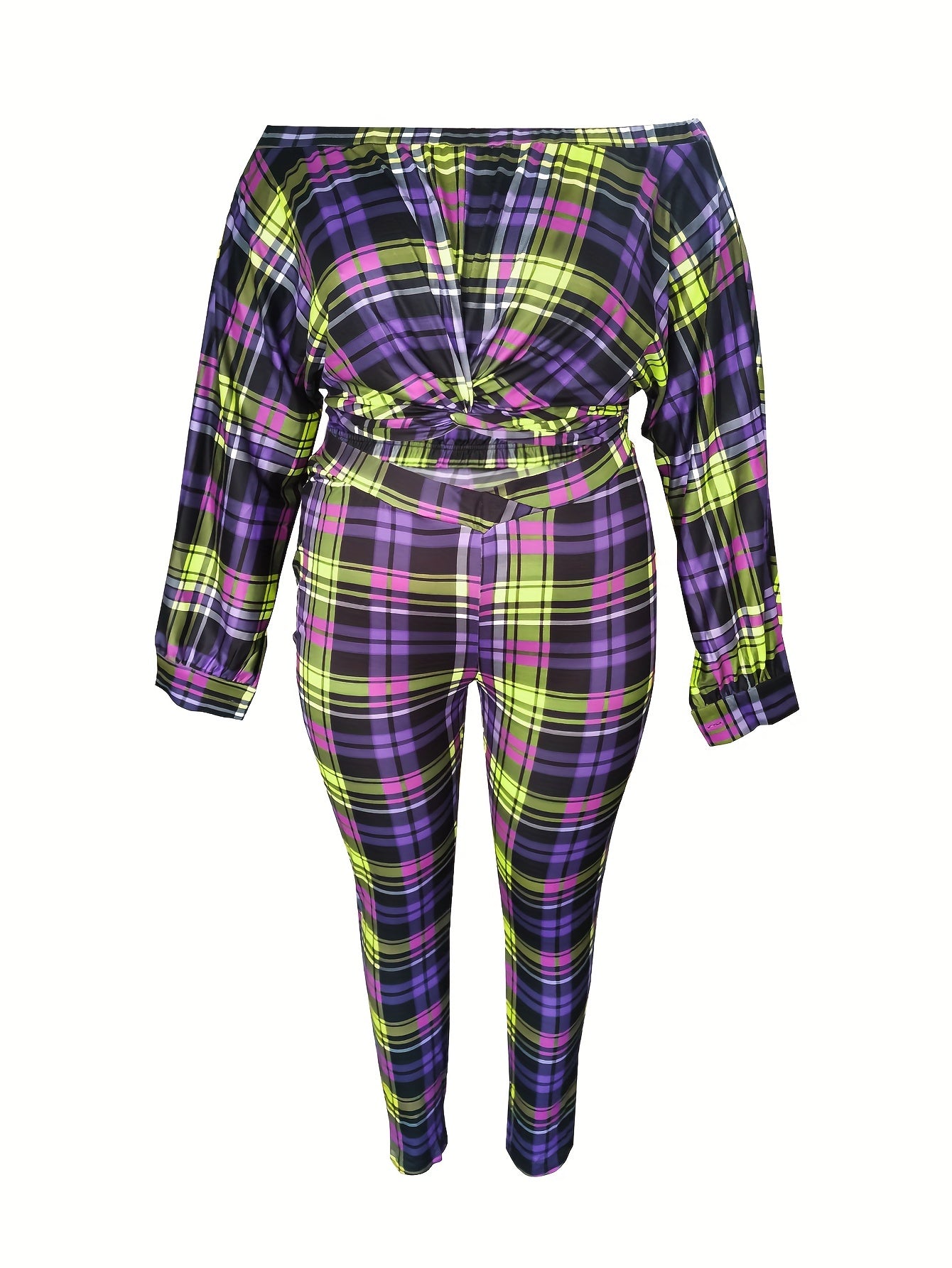 Plus Size Sexy Outfits Set, Women's Plus Plaid Print Twist Front Off Shoulder Long Sleeve Crop Top & Leggings Outfits Two Piece Set
