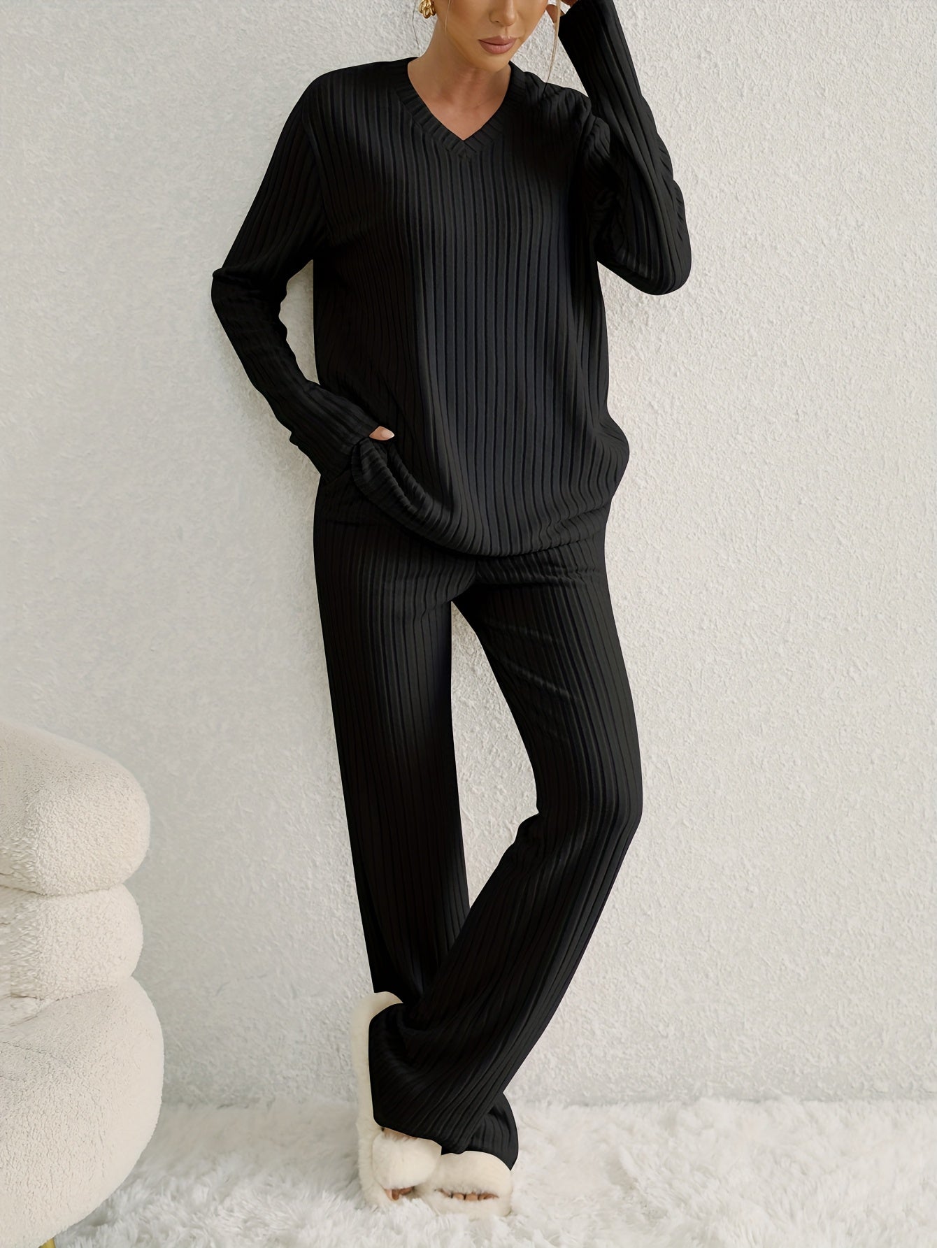 Two-piece Long Sleeve Casual Ribbed Knit Set, V Neck Top & Loose Pants Outfits for Women