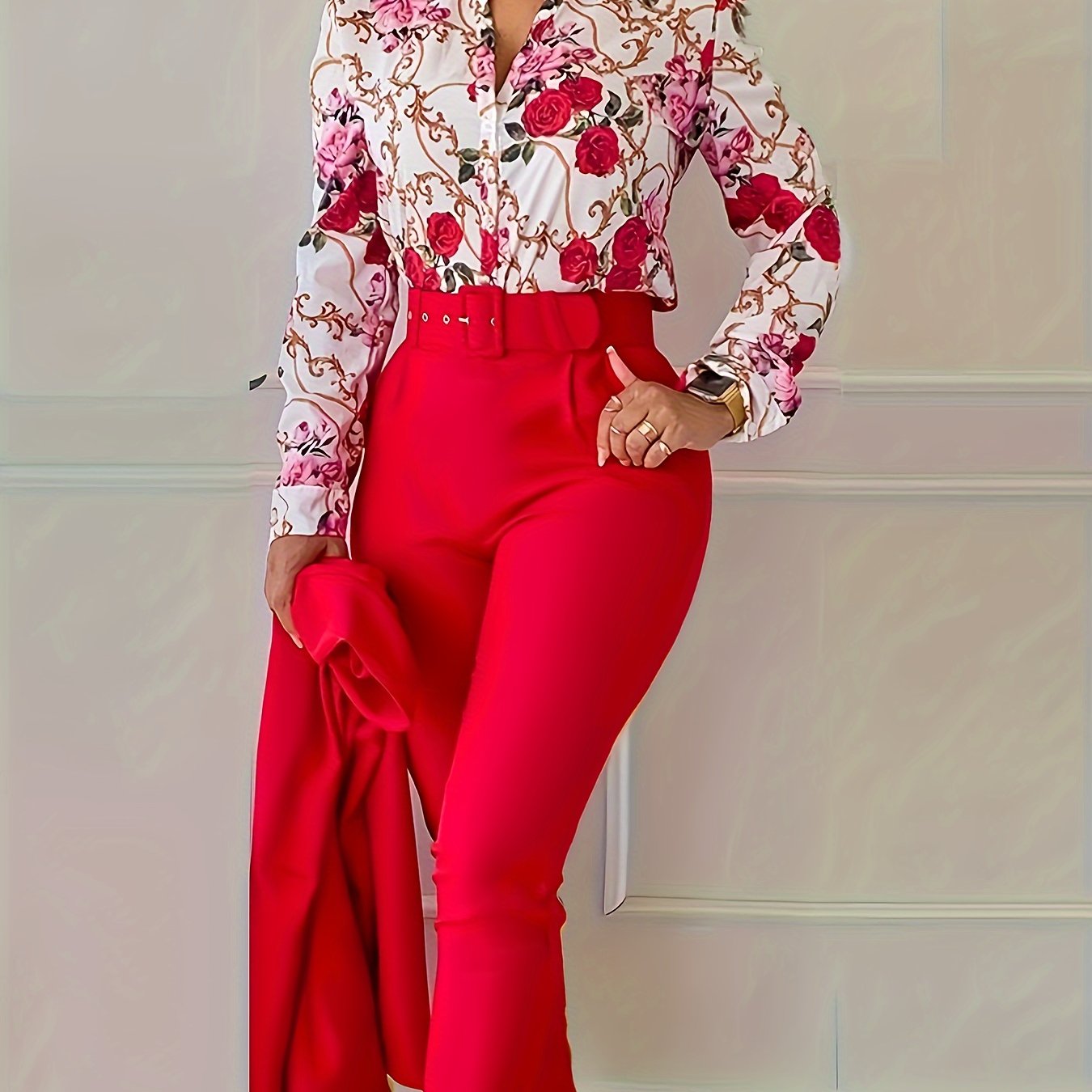 Elegant Two-piece Set, Floral Print V Neck Long Sleeve Blouse & Solid Belted Tapered Pants Outfits, Women's Clothing