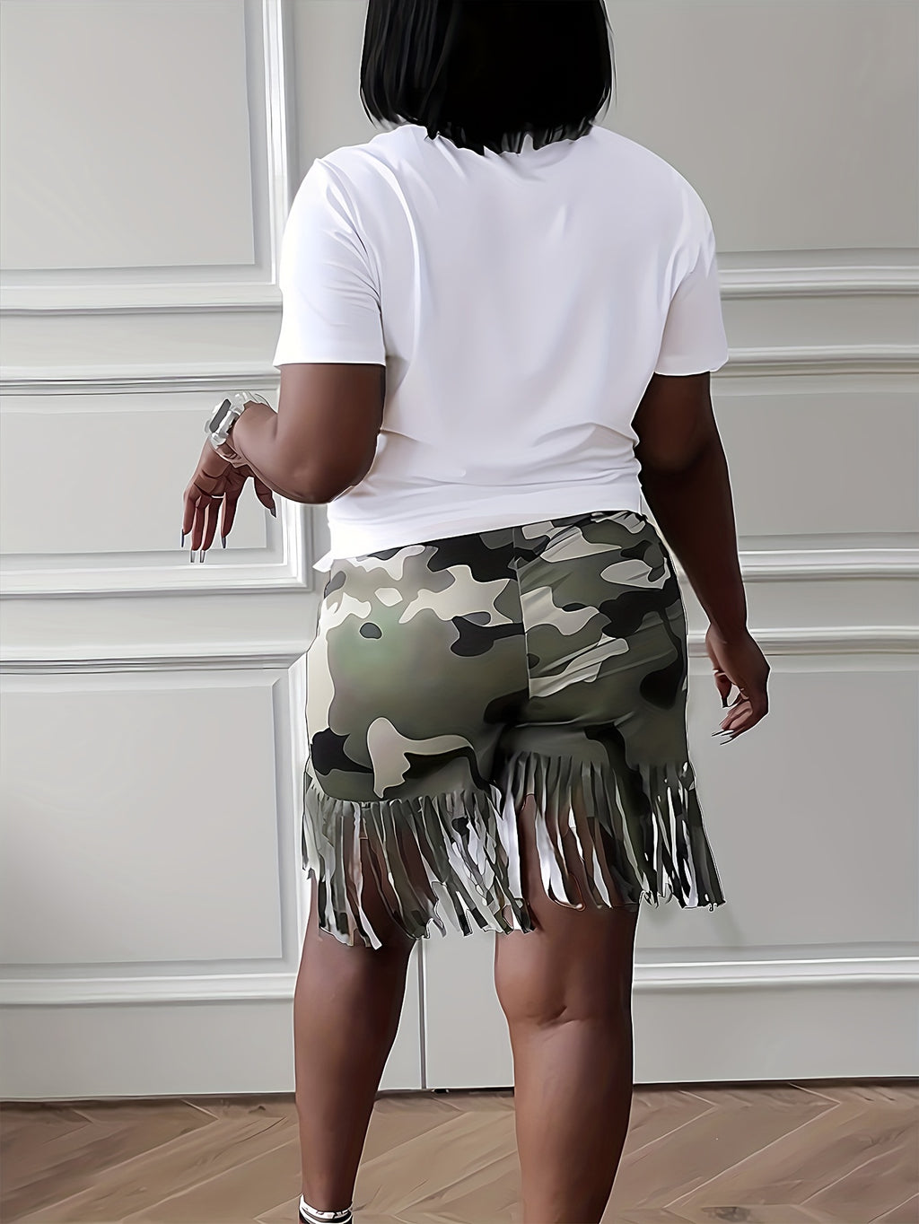 Plus Size, Camouflage Casual Print Fringe Patchwork O-Neck Short Sleeve Two-Piece Set