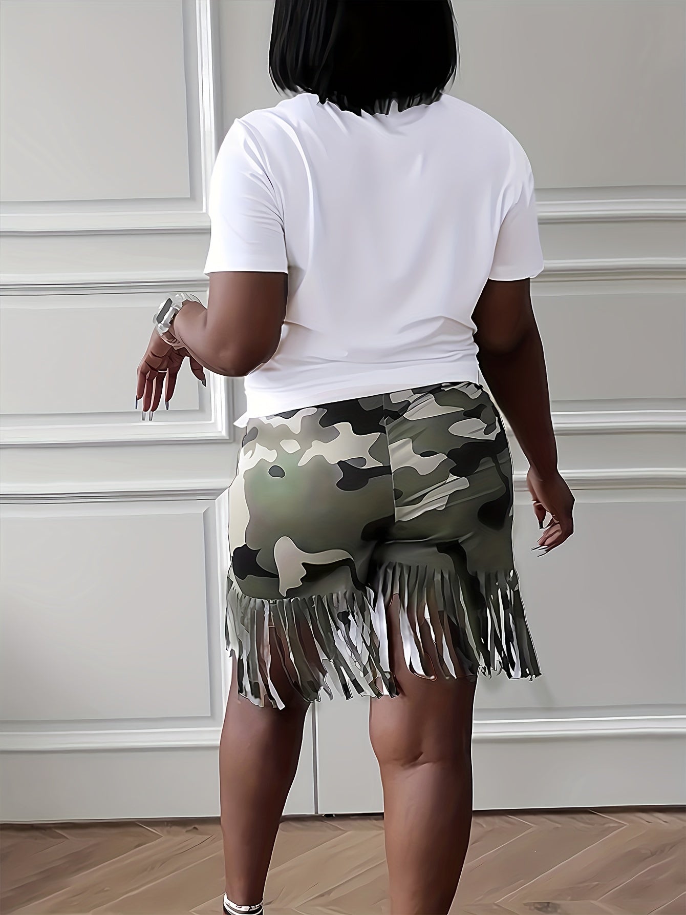 Plus Size, Camouflage Casual Print Fringe Patchwork O-Neck Short Sleeve Two-Piece Set