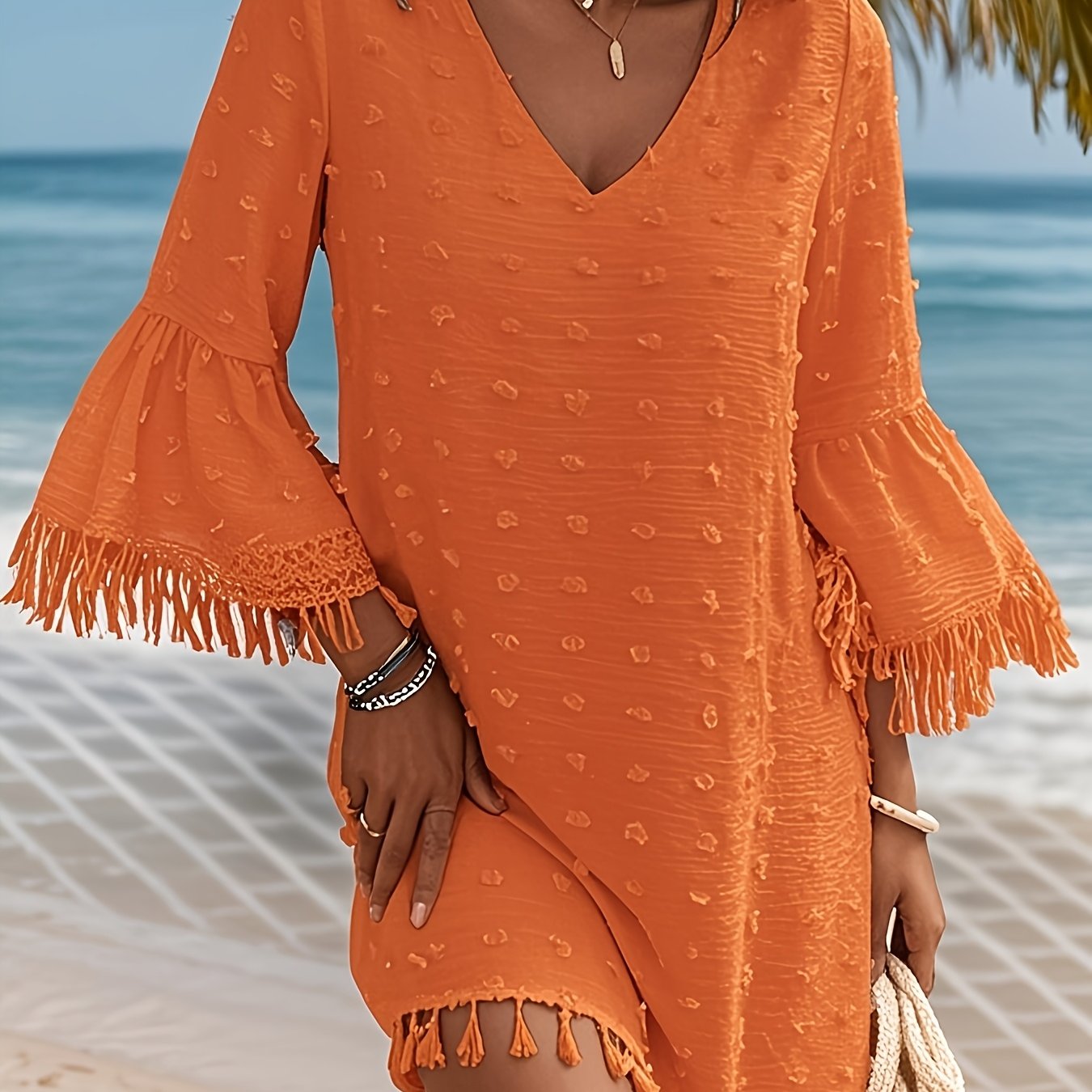 Women's Summer Casual Polka Dot V-Neck Dress with Ruffle Sleeves & Cutout Details - Lightweight Straight Cut Beach Dress for Women, Hand Wash Only, Summer Fashion | Bohemian Style | Frayed Hem Detailing, Summer Dresses