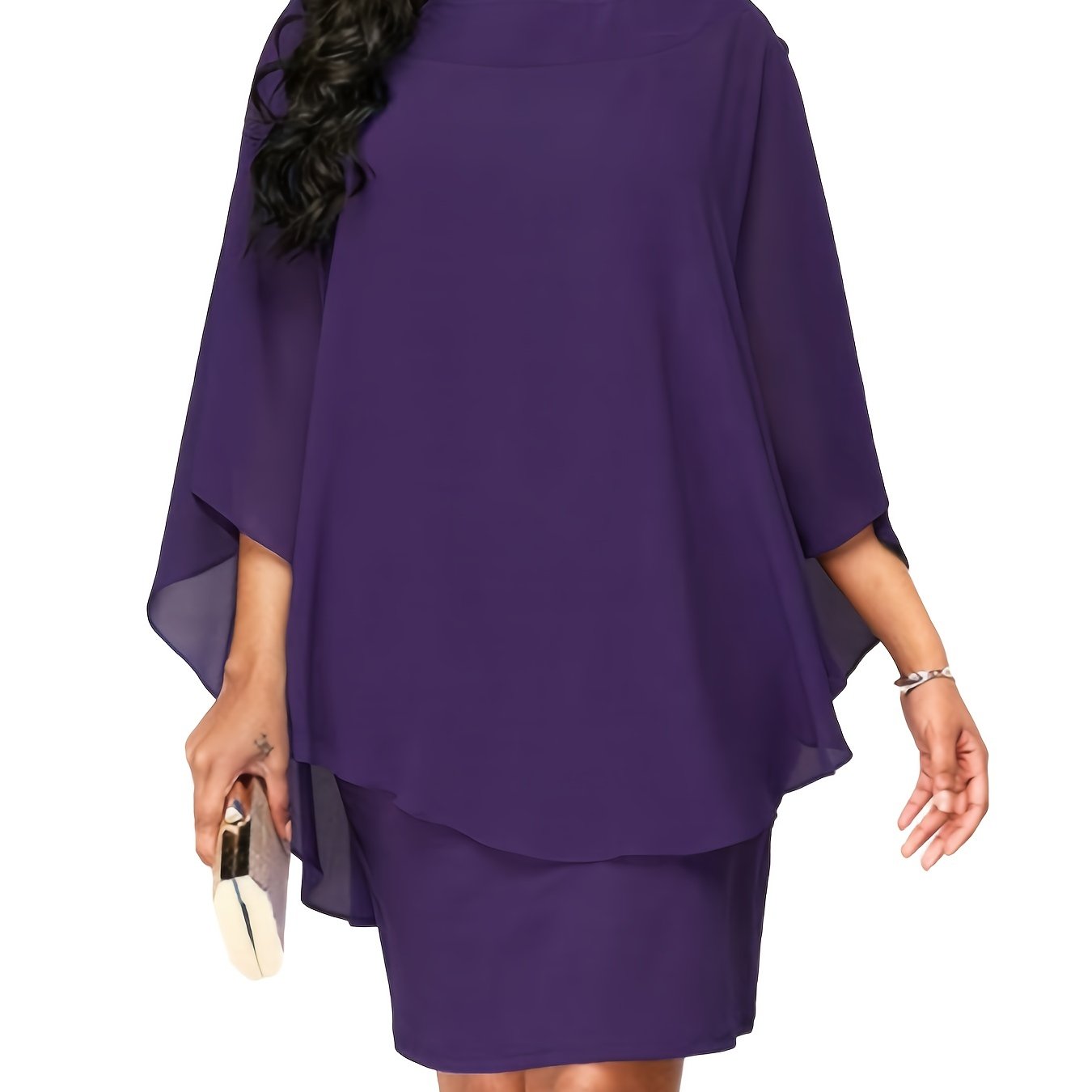 Plus Size, Plus Size Women's Classic Solid Color Cover-Up 2-in-1 Chiffon Dress