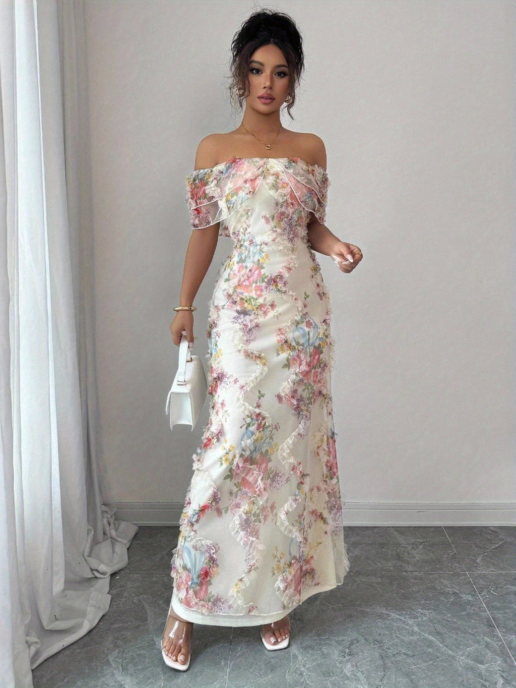 Women'S Elegant Romantic Ruffled Off-Shoulder Floral Print Maxi Dress - Lightweight Breathable Mesh A-Line H-Line Silhouette with Short Sleeves & Round Neck, Spring Summer Formal & Semi-Formal Evening Party Wedding Guest Dres