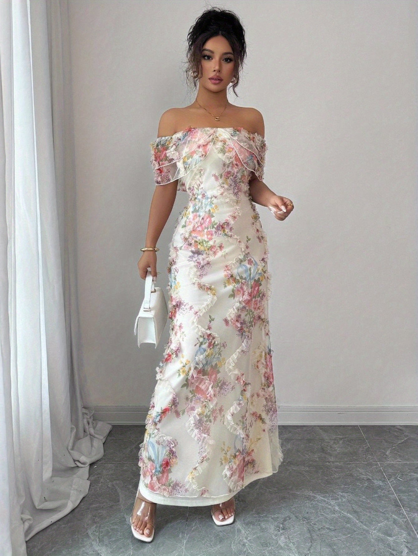 Women'S Elegant Romantic Ruffled Off-Shoulder Floral Print Maxi Dress - Lightweight Breathable Mesh A-Line H-Line Silhouette with Short Sleeves & Round Neck, Spring Summer Formal & Semi-Formal Evening Party Wedding Guest Dres