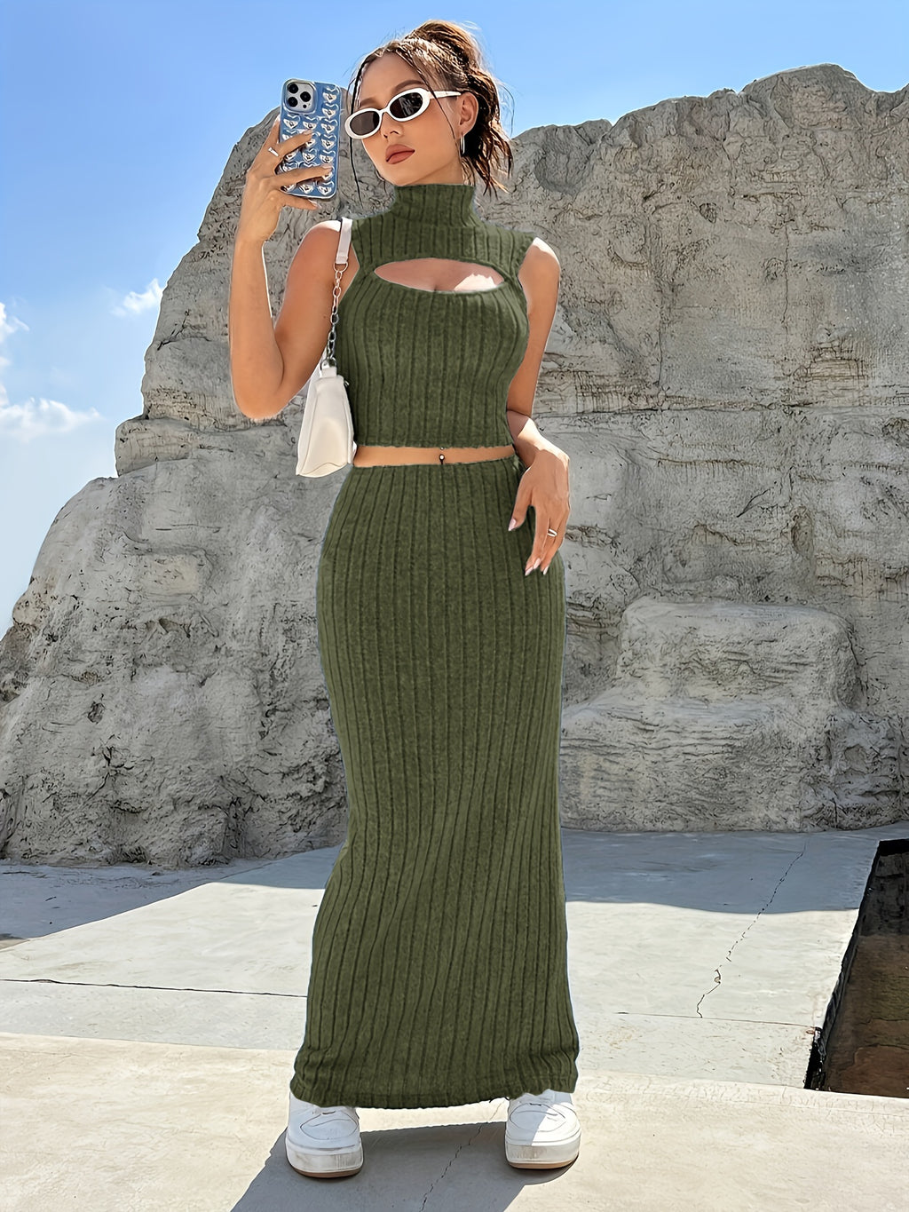 Two-piece Ribbed Matching Skirt Set, High Neck Cut Out Top & Loose Skirt Outfits for Women