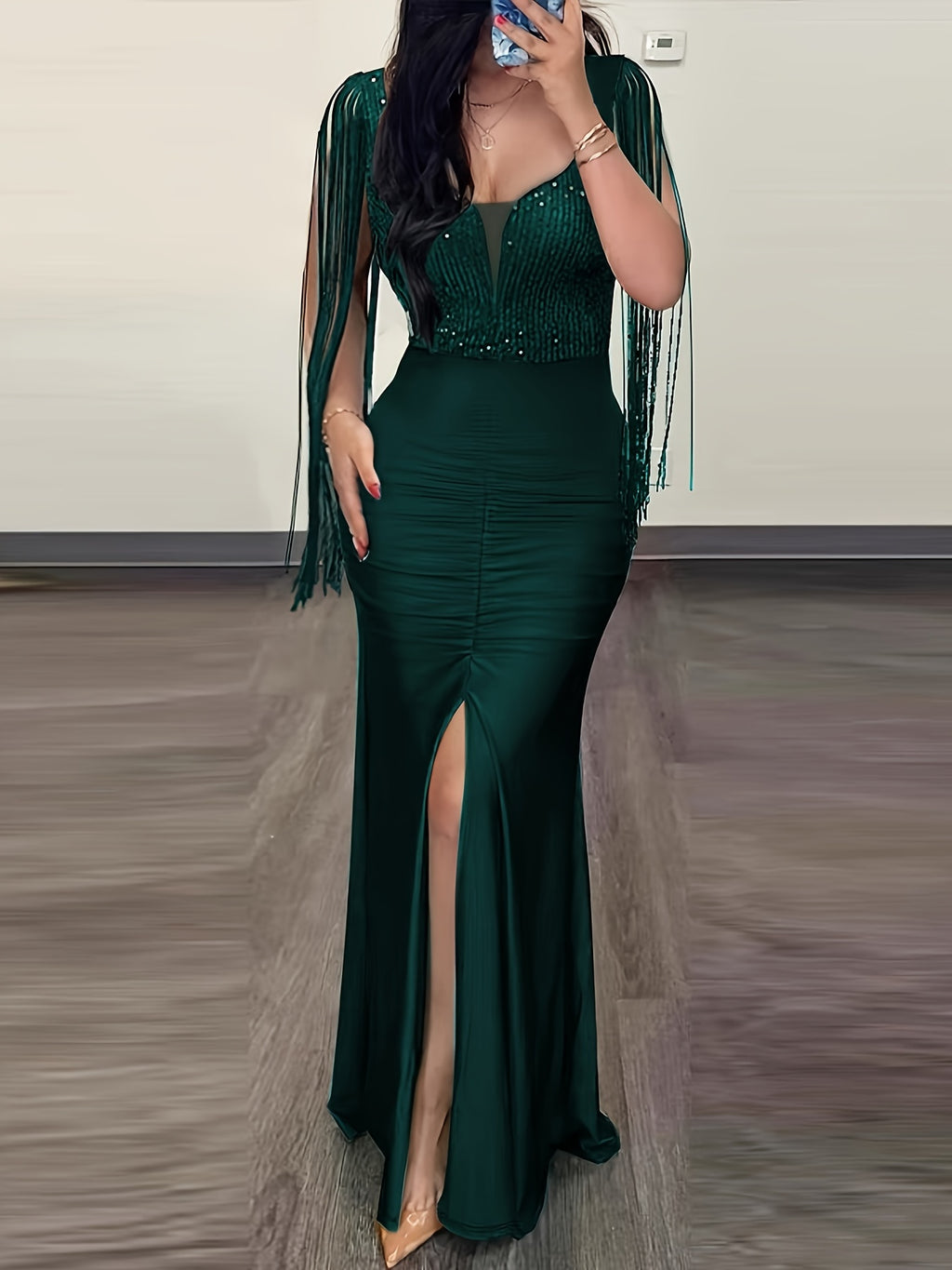 Stunning Solid Tassel Trim Bodycon Dress - Women's Party Dresses with Elegant Cut Out Back Split Thigh Design, Figure-Hugging Silhouette, and Chic Accessories for a Glamorous Night Out