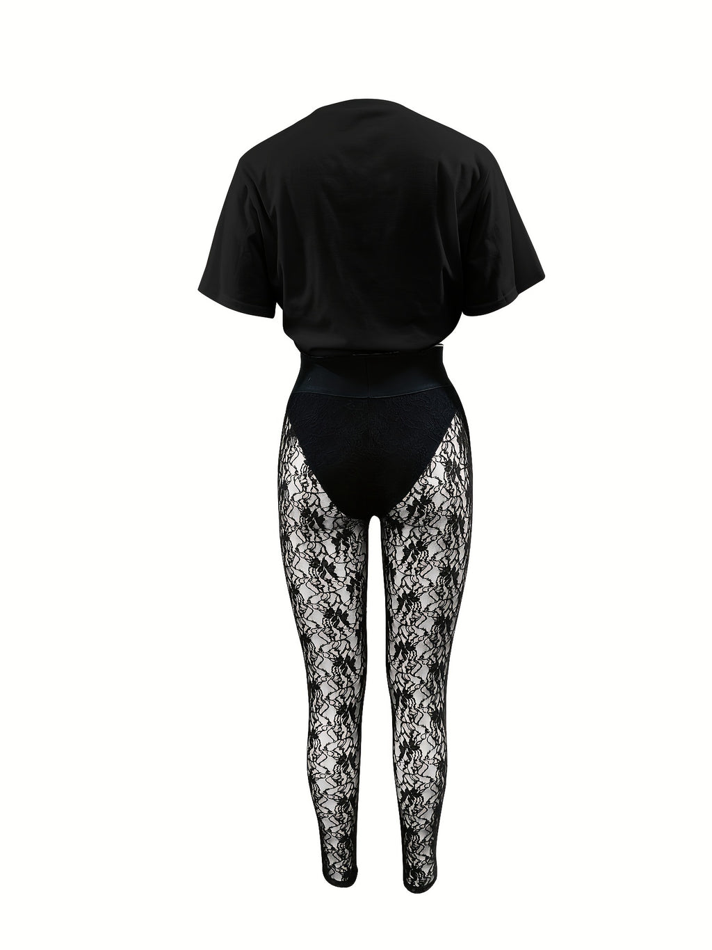 Two-Piece Hourglass Figure Flattering Set - Short Sleeve Crop Top & High Waist Semi-Sheer Lace Pants Outfit with Applique Details, Micro Elasticity, and Positioning Printing - Perfect for Spring/Summer Vacation