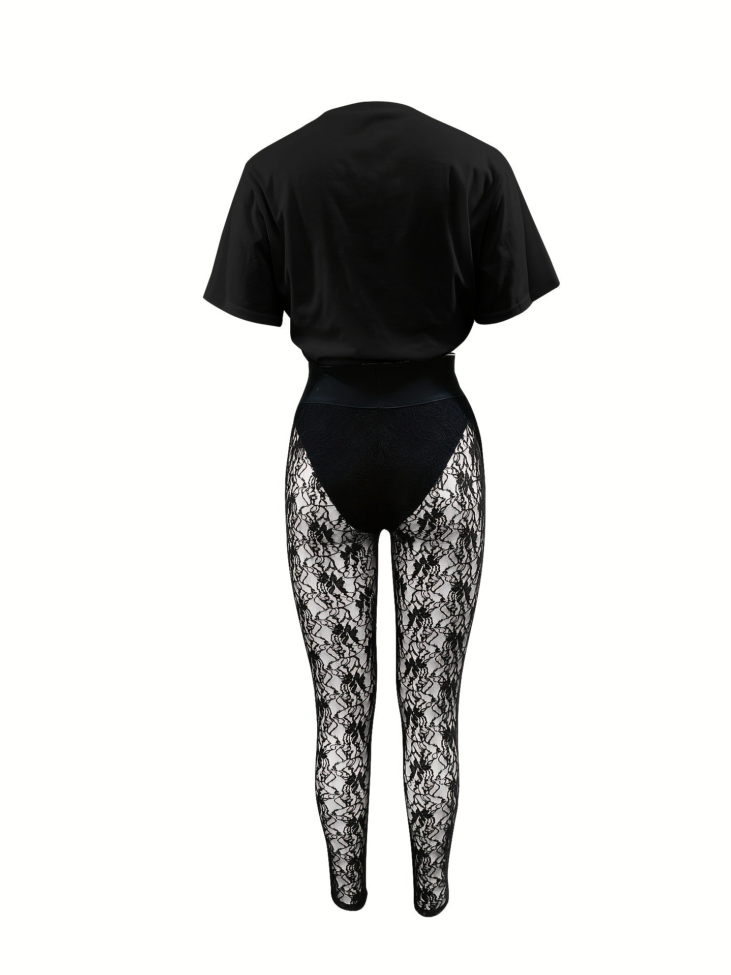 Two-Piece Hourglass Figure Flattering Set - Short Sleeve Crop Top & High Waist Semi-Sheer Lace Pants Outfit with Applique Details, Micro Elasticity, and Positioning Printing - Perfect for Spring/Summer Vacation