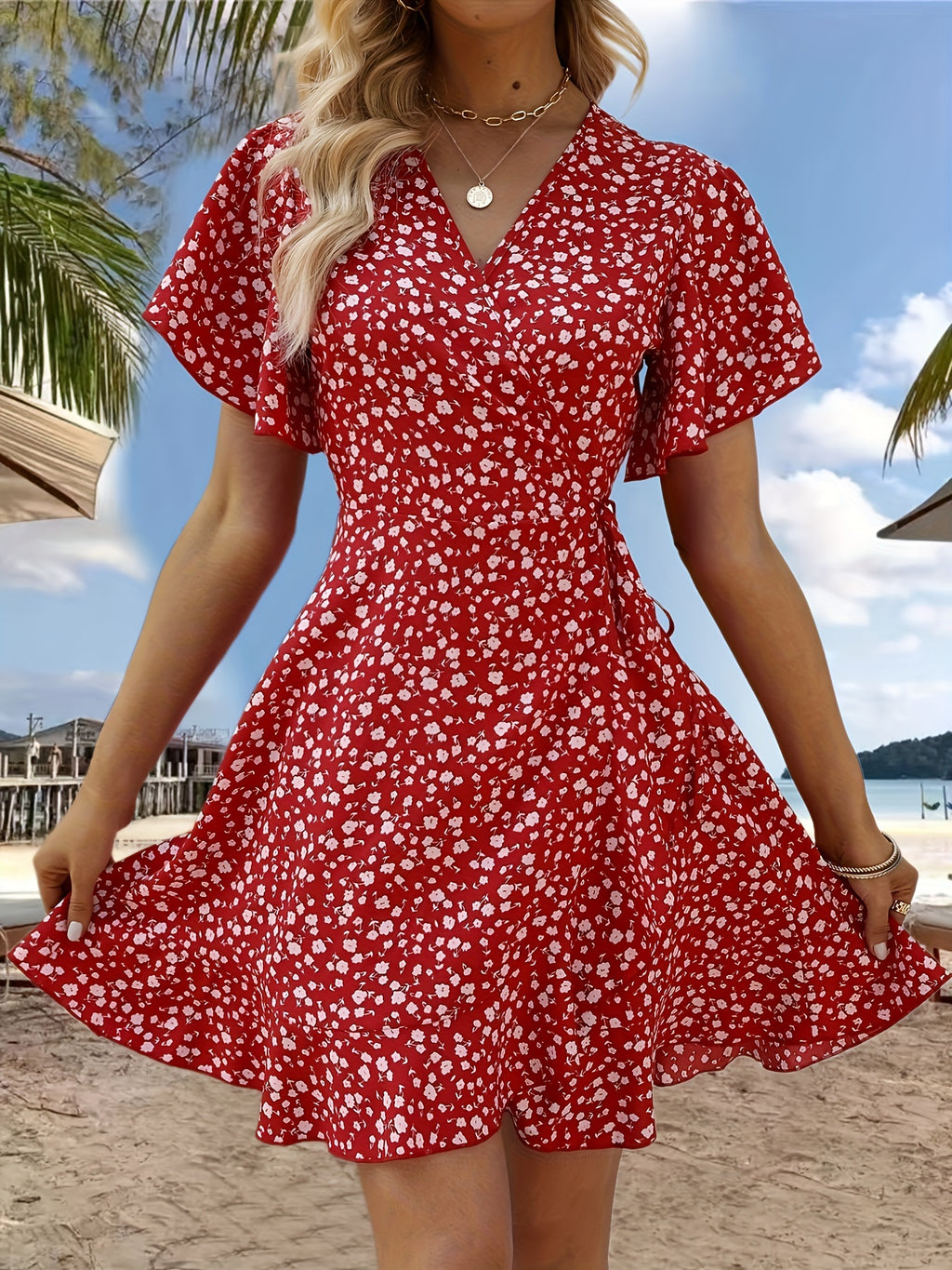 Stunning Floral V-Neck Ruffle Hem Dress - Women's Elegant Short Sleeve Cinched Waist Dresses for Spring & Summer - Perfect for Outdoor Activities, Casual Wear, and Date Nights