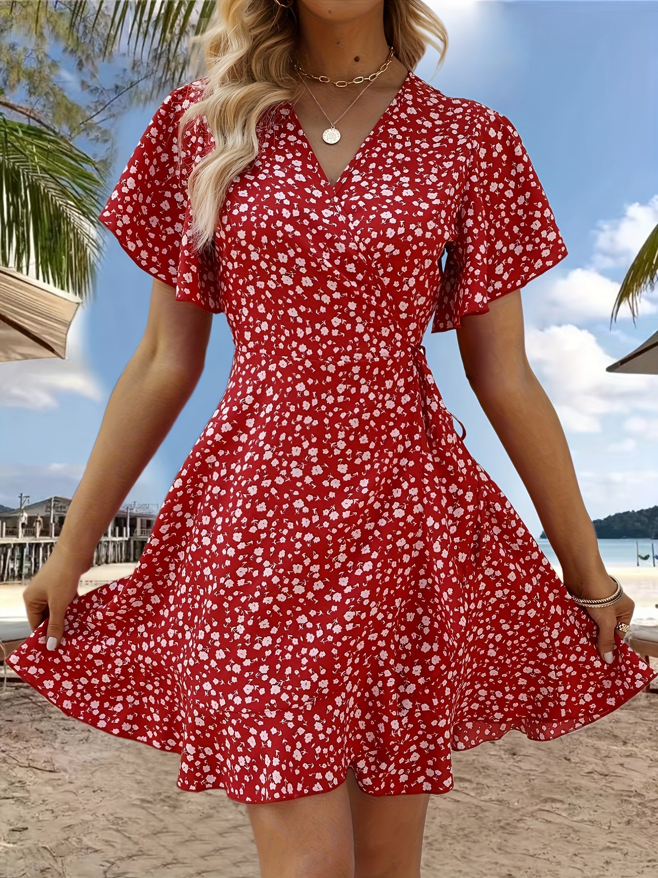 Stunning Floral V-Neck Ruffle Hem Dress - Women's Elegant Short Sleeve Cinched Waist Dresses for Spring & Summer - Perfect for Outdoor Activities, Casual Wear, and Date Nights