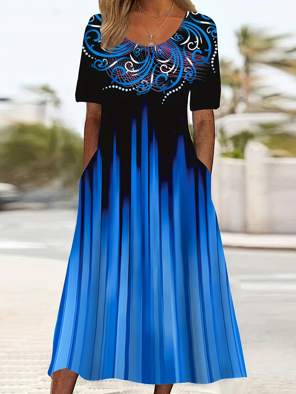 Plus Size Women's Casual Maxi Dress with Pockets - Short Sleeve, Round Neck, Floral & Ombre Print, Stretchy Polyester Blend, Machine Washable, Plus Size Dresses
