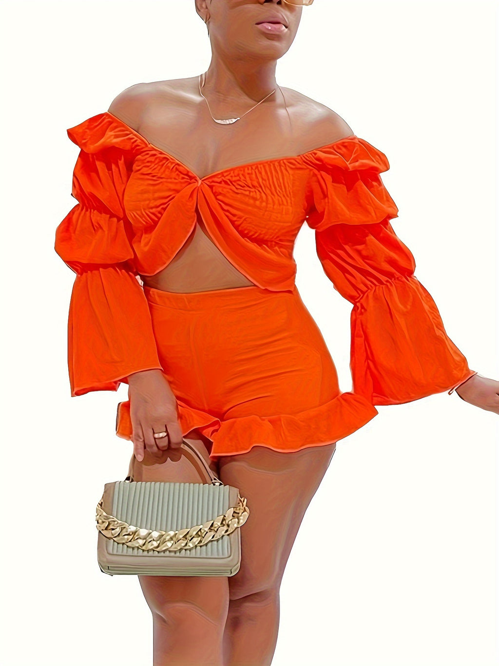 2 Piece Vacation Outfits For Women Summer Sexy Y2k Ruffle Lantern Long Sleeve Crop Top High Low Shorts Set Romper