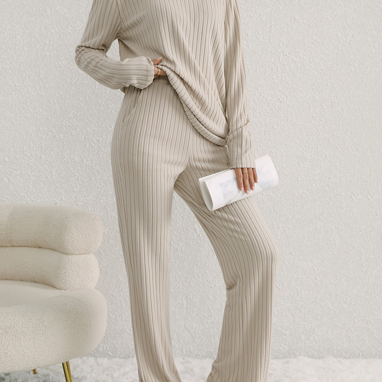 Two-piece Long Sleeve Casual Ribbed Knit Set, V Neck Top & Loose Pants Outfits for Women