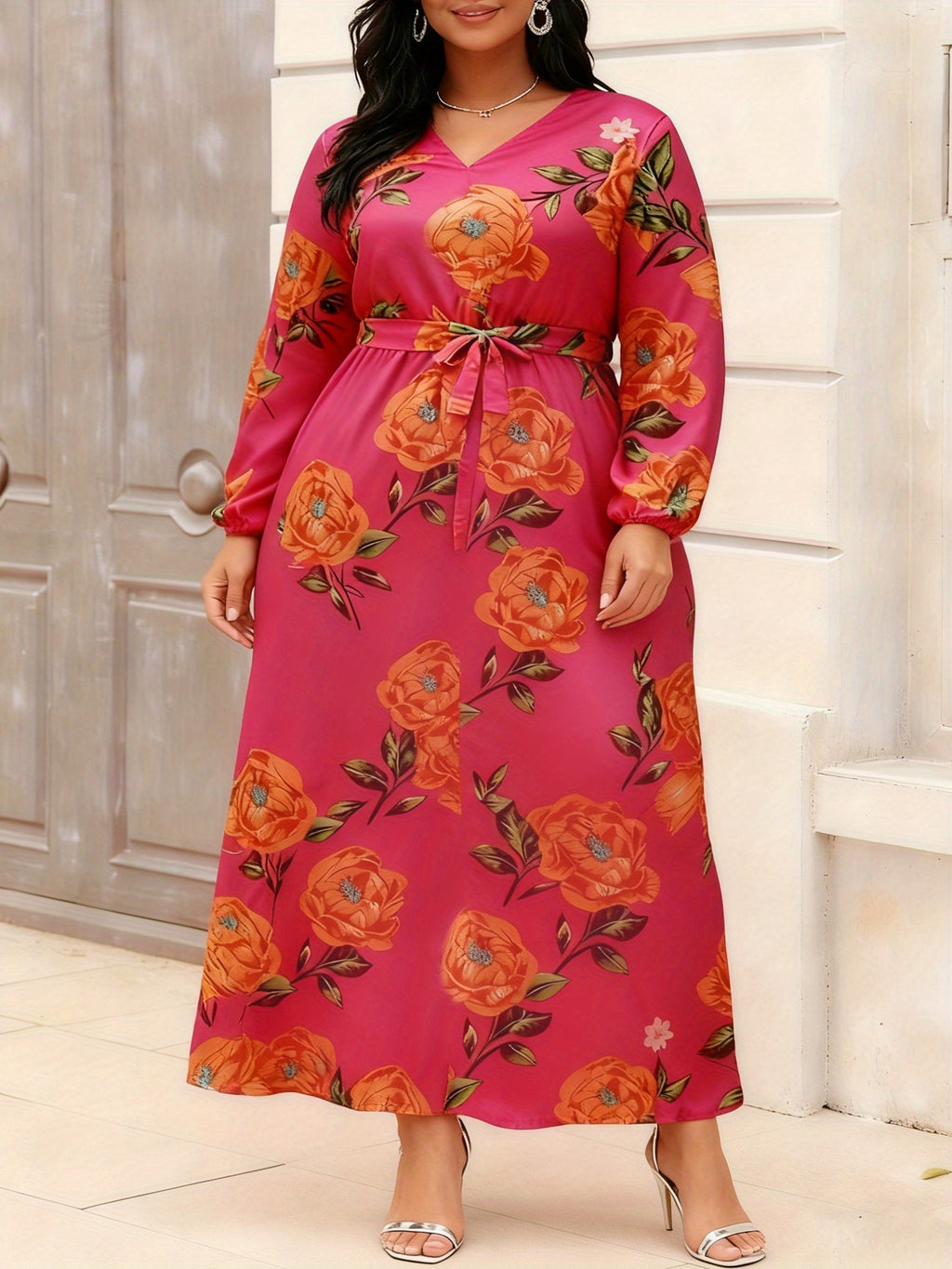 Plus Size, Women's Plus Size Maxi Dress V-Neck Tropical Print A-Line Beach Dress with - Semi-Sheer H-Line Maxi Dress Suitable for Resort Wear, Summer Dresses, Casual Outfits - Machine Washable Long Maxi Length