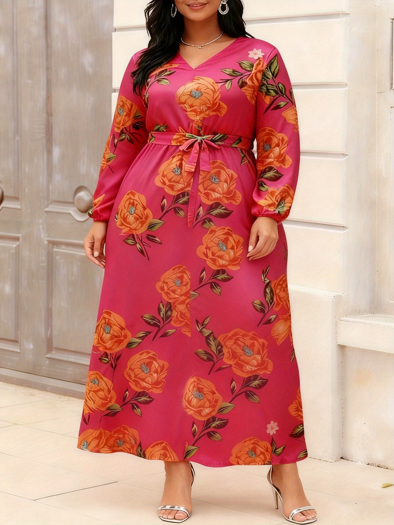 Plus Size, Women's Plus Size Maxi Dress V-Neck Tropical Print A-Line Beach Dress with - Semi-Sheer H-Line Maxi Dress Suitable for Resort Wear, Summer Dresses, Casual Outfits - Machine Washable Long Maxi Length