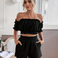 Flirty Ruffle Trim Two-piece Outfit Set - Casual Solid Crop Top & High Waist Shorts - Perfect for Summer Wear - Womens Fashion Clothing