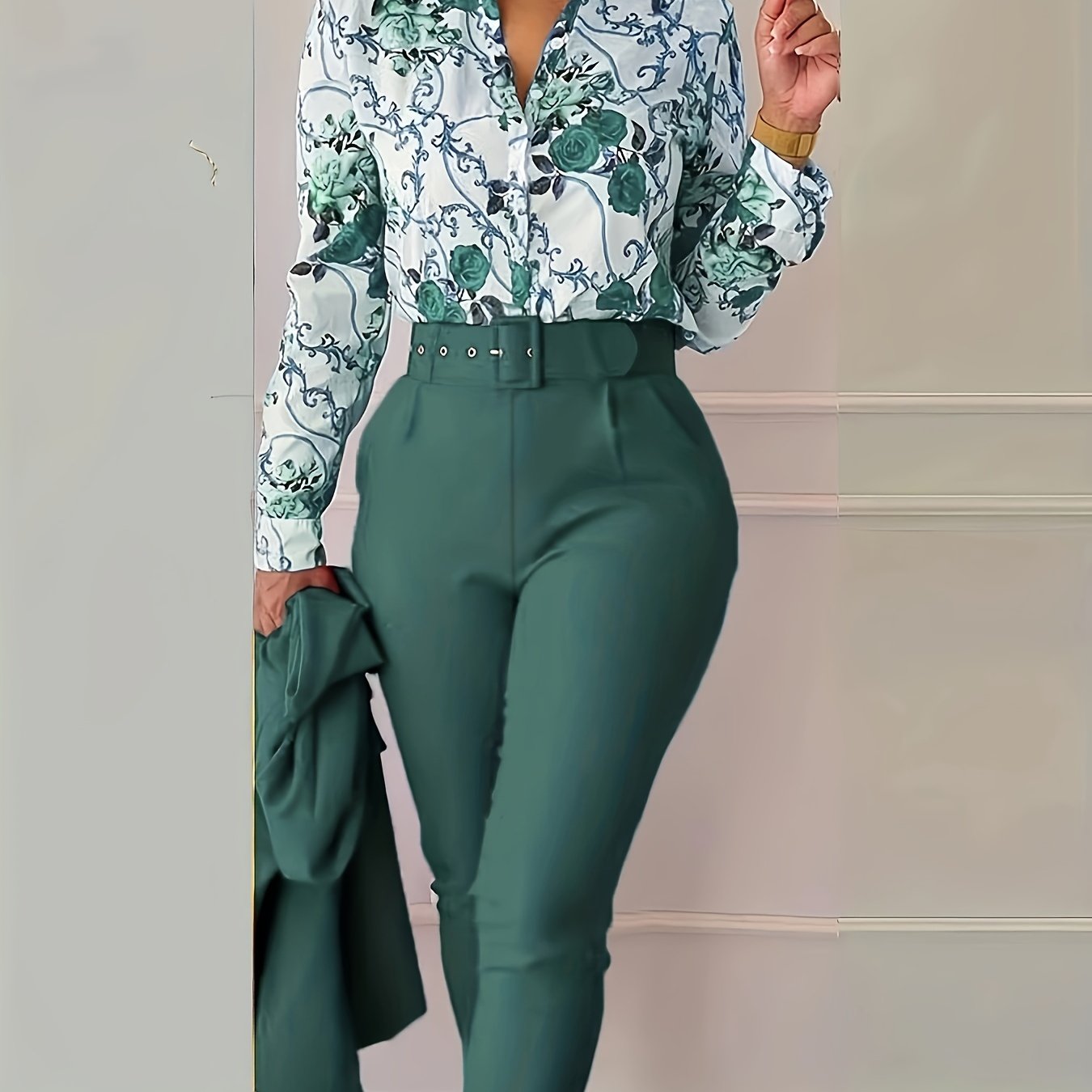 Elegant Two-piece Set, Floral Print V Neck Long Sleeve Blouse & Solid Belted Tapered Pants Outfits, Women's Clothing