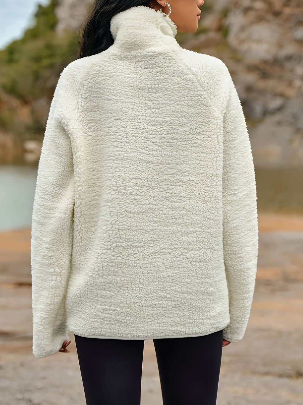 Women's Plush Winter Hoodie - Elegant High-Neck Sweater Jacket, Soft Warm Long Sleeve Pullover Coat, Machine Washable White Sweater for Fall & Winter, Casual to Formal Wear (No Bulk Collar), Winter Clothes For Women, Sweaters