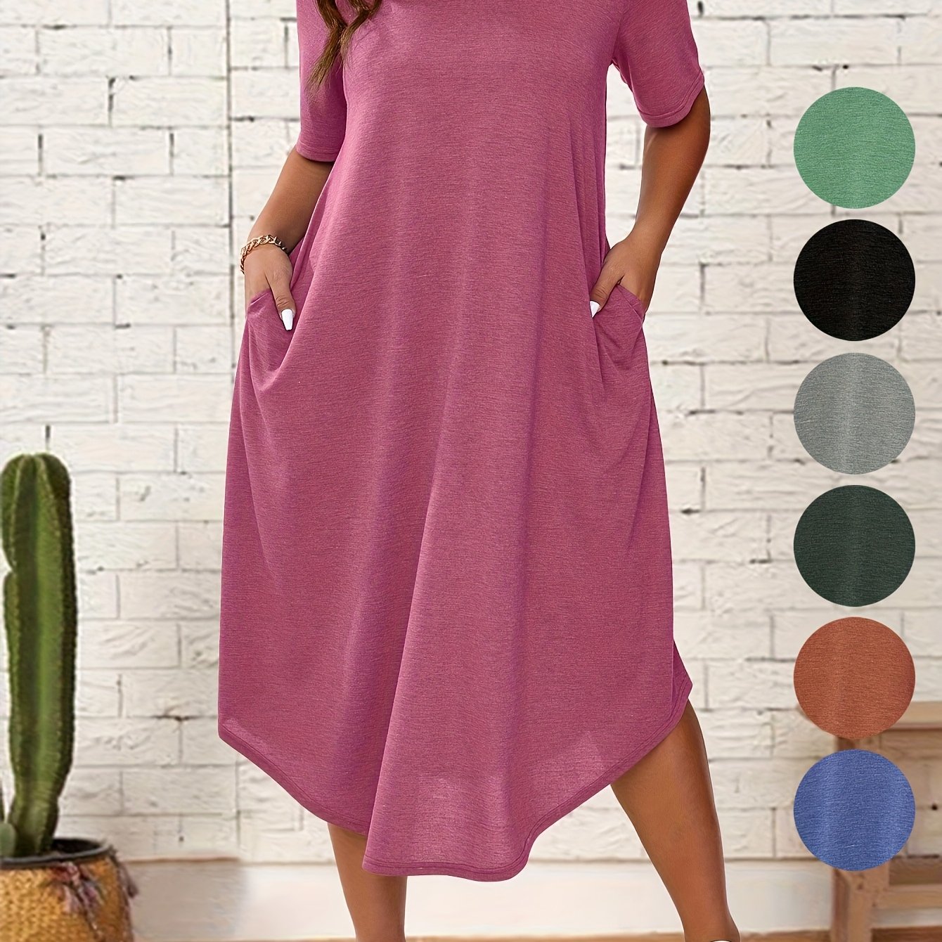Plus Size Solid Color Dress, Casual Short Sleeve Crew Neck Dress for Spring & Summer, Women's Plus Size Clothing, Plus Size Dresses