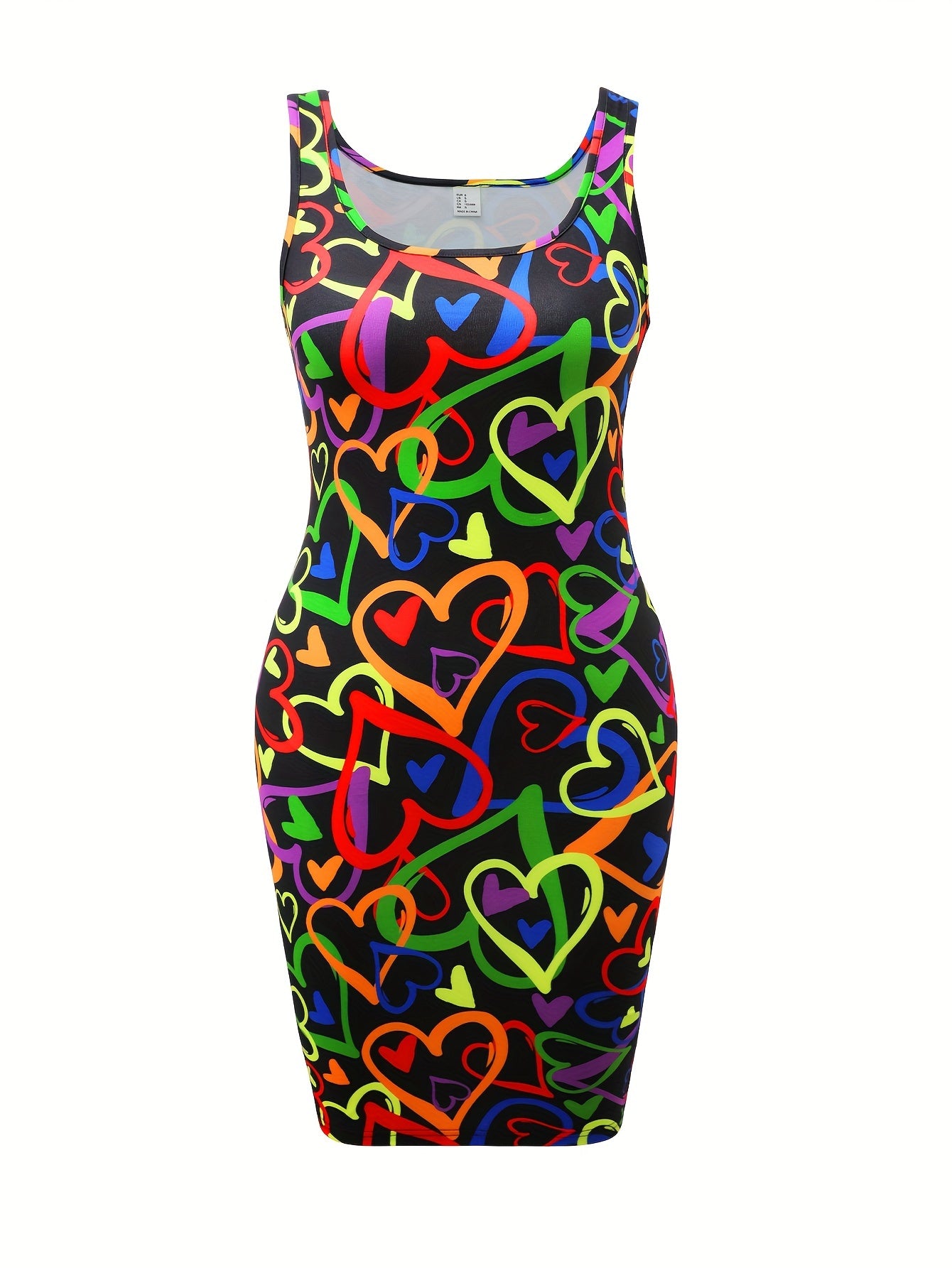 Women'S Off-Shoulder Bodycon Dress | Colorful Heart Pattern | Sleeveless, Stretchy Polyester Blend | Machine Washable | Spring/Summer Fashion | Vibrant Red & Green Design, Cute Dresses