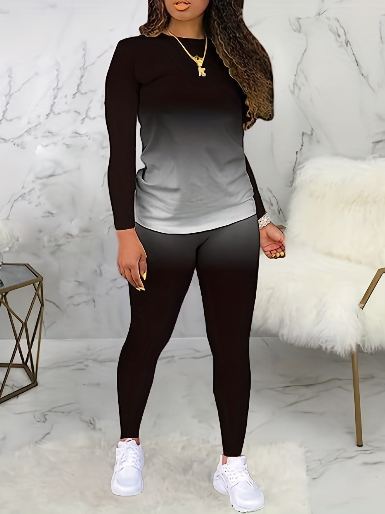 Plus Size Casual Outfits Set, Women's Plus Ombre Print Long Sleeve Round Neck Top & Pants Outfits Two Piece Set