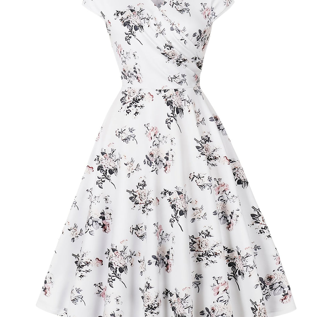 Print Knee-Length Dress - Stretchy Polyester, Machine Washable, White with Black & Pink Flowers, Ideal for Casual Parties, Comfortable Fashion|Sleeveless Dress|Glossy Texture, Plus Size Summer Dresses
