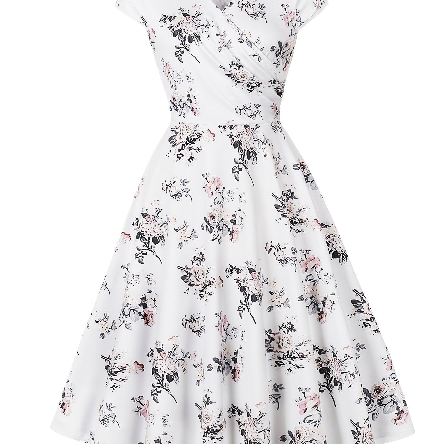 Print Knee-Length Dress - Stretchy Polyester, Machine Washable, White with Black & Pink Flowers, Ideal for Casual Parties, Comfortable Fashion|Sleeveless Dress|Glossy Texture, Plus Size Summer Dresses