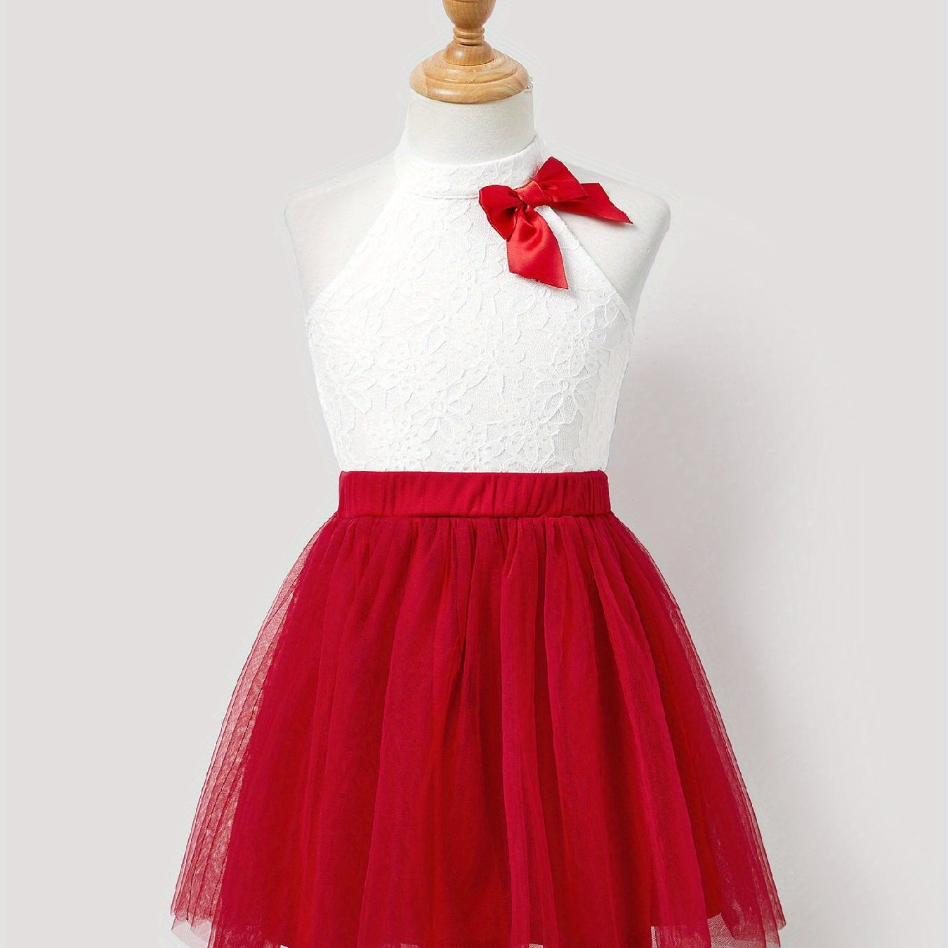 PatPat Valentine's Day Mommy and Me High Neck Halter Lace Splicing Multi-Layered Mesh Dresses, Polyamide 90% Spandex 10%, Solid Color, Elegant Style for Spring/Summer/Fall, Spring Summer Dresses | Decorative Bow Detail | Knit