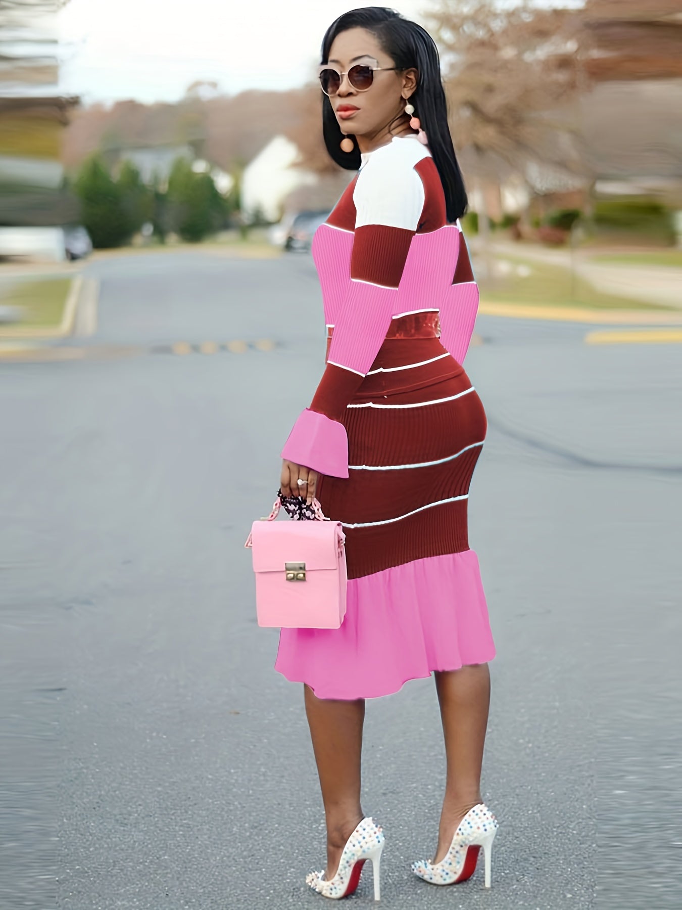 Casual Chic Color Block & Stripe Two-Piece Set - Cotton Blend Crew Neck Top with High-Elasticity Chiffon Skirt