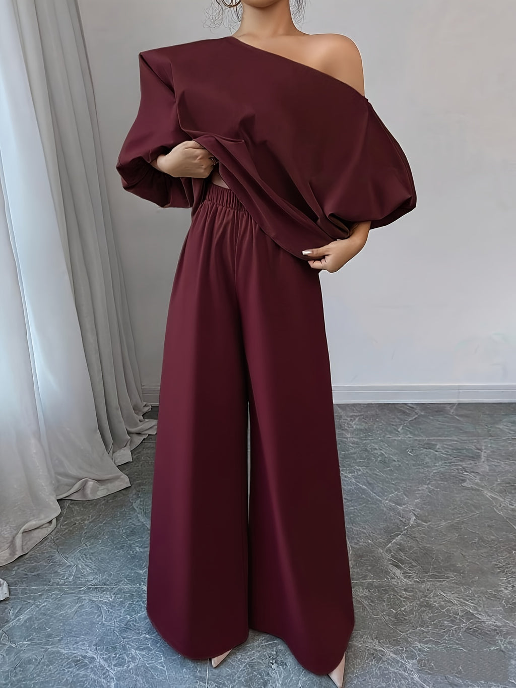 Women's Elegant Navy Blue Elegant Two-Piece Set - Structured One-Shoulder Bubble Sleeve Top & High-Waisted Wide-Leg Pants, Solid Color Winter Outfit with Puffed Sleeves, Machine Washable Formal & Everyday Winter Attire for Fa