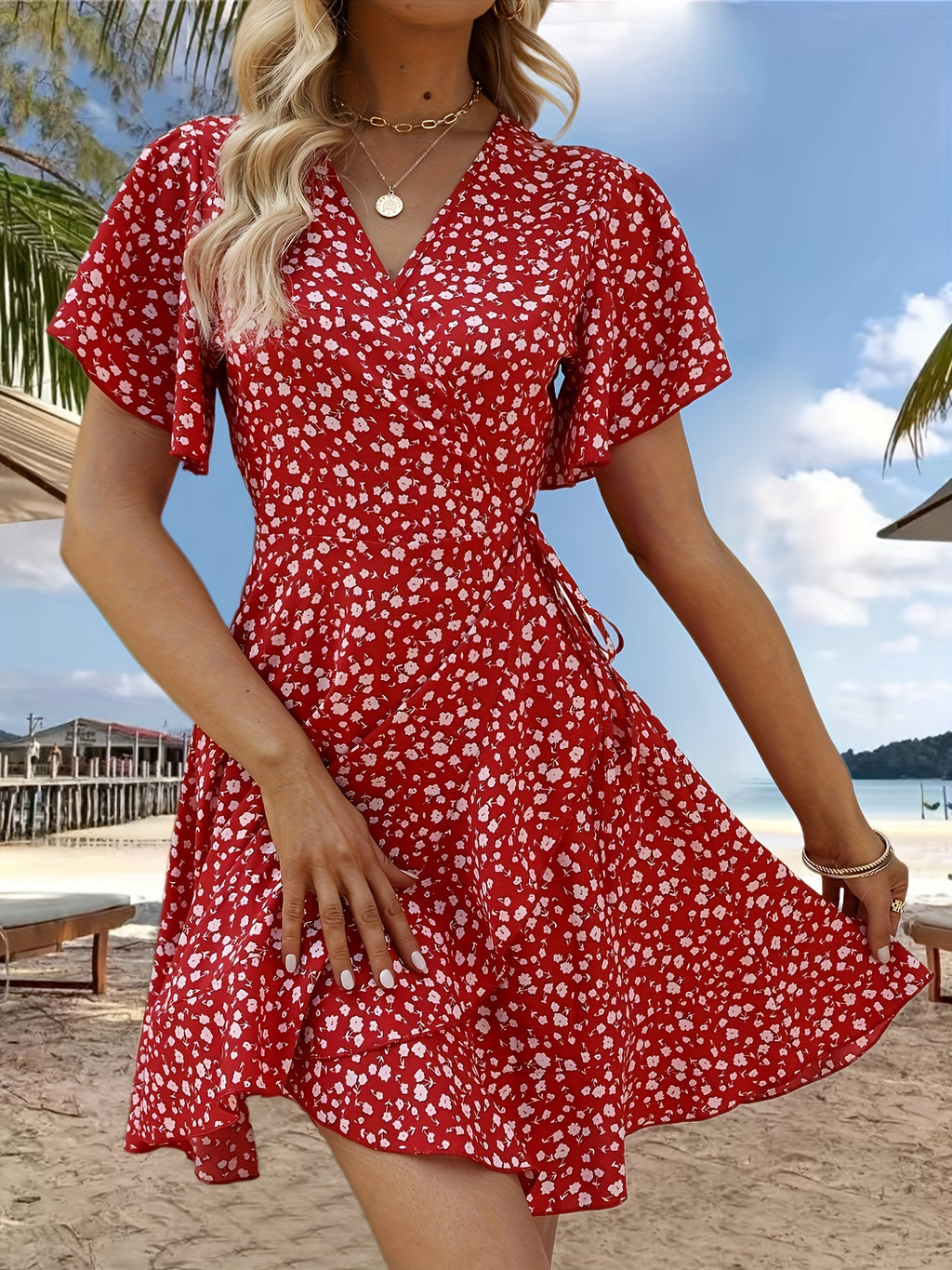 Stunning Floral V-Neck Ruffle Hem Dress - Women's Elegant Short Sleeve Cinched Waist Dresses for Spring & Summer - Perfect for Outdoor Activities, Casual Wear, and Date Nights