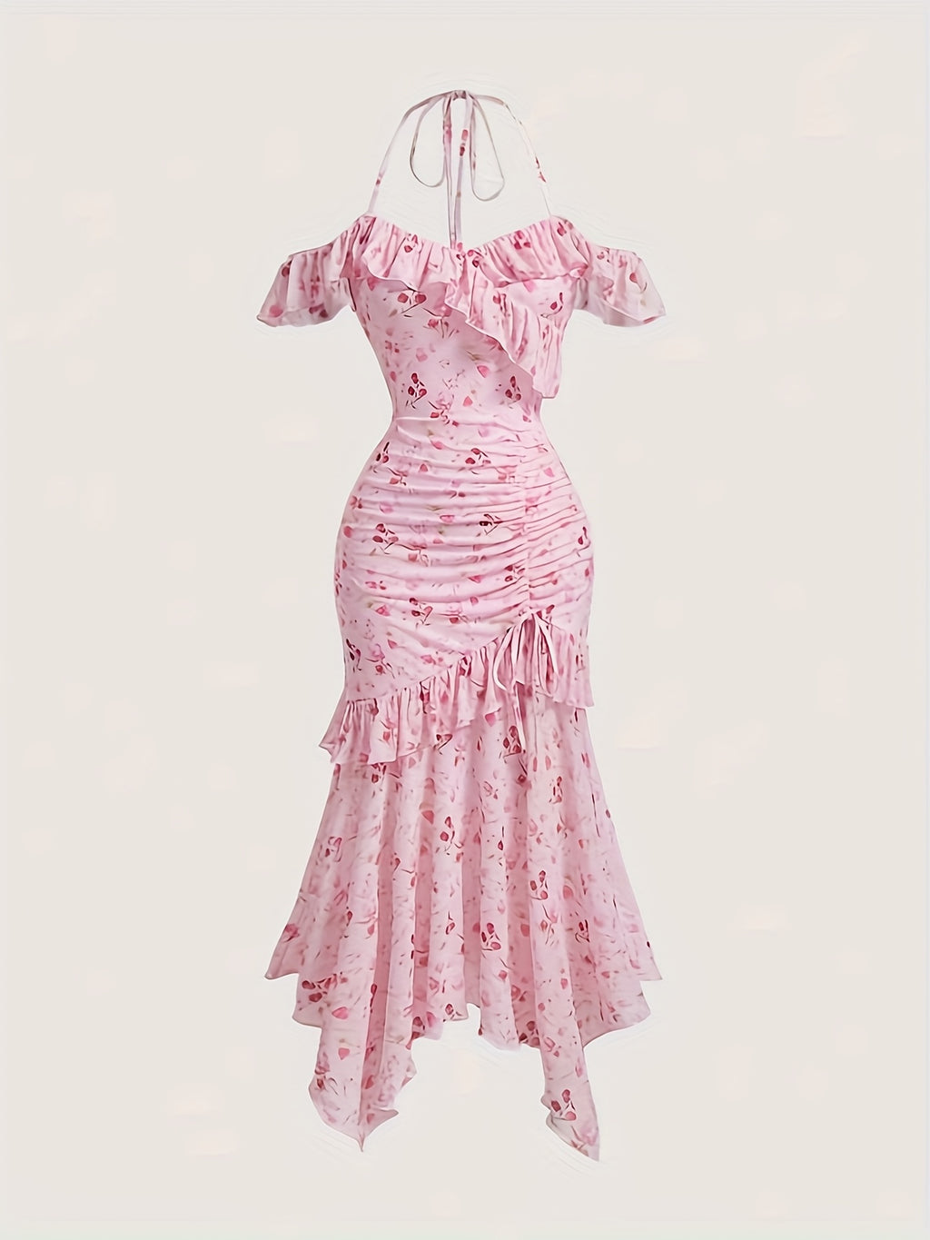 Women's Elegant Floral Print Off-Shoulder Summer Dress - Asymmetrical Ruffled Hem, High Elasticity Fitted Silhouette, Machine Washable for Casual & Formal Occasions, Cute Summer Dresses, Formal Occasion Wear, Stretchy Fabric,