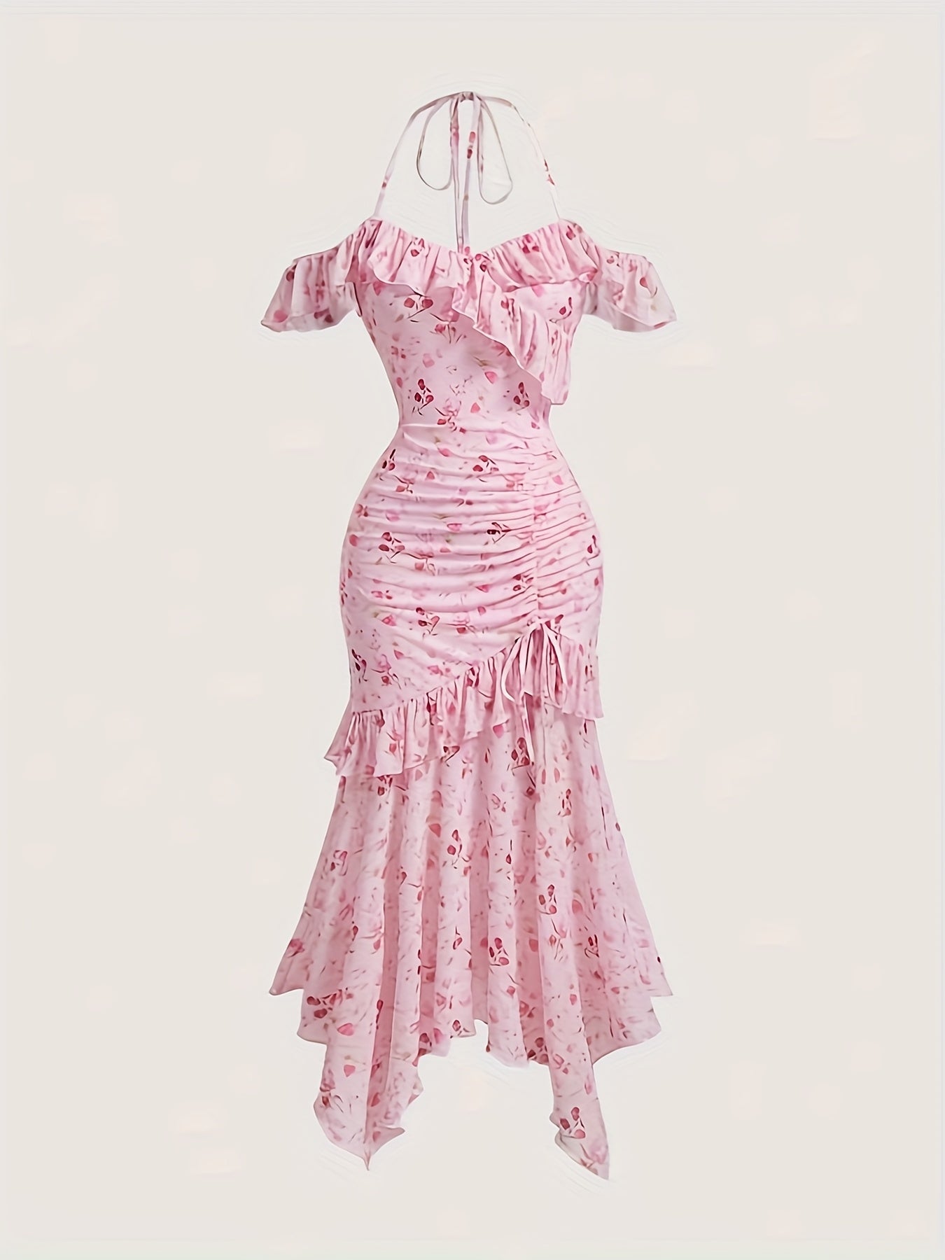 Women's Elegant Floral Print Off-Shoulder Summer Dress - Asymmetrical Ruffled Hem, High Elasticity Fitted Silhouette, Machine Washable for Casual & Formal Occasions, Cute Summer Dresses, Formal Occasion Wear, Stretchy Fabric,
