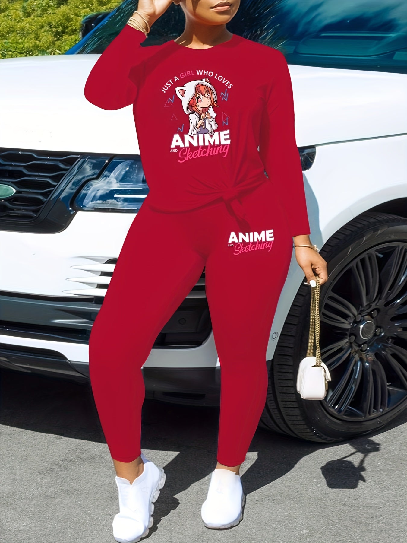 Two-Piece Anime Graphic Print Outfit - Crew Neck Long Sleeve Top and Slim Fit Pants Set for Women - Polyester Knit Fabric, Mid Elasticity, Positioning Printing, Cute Style, Fall/Winter Season