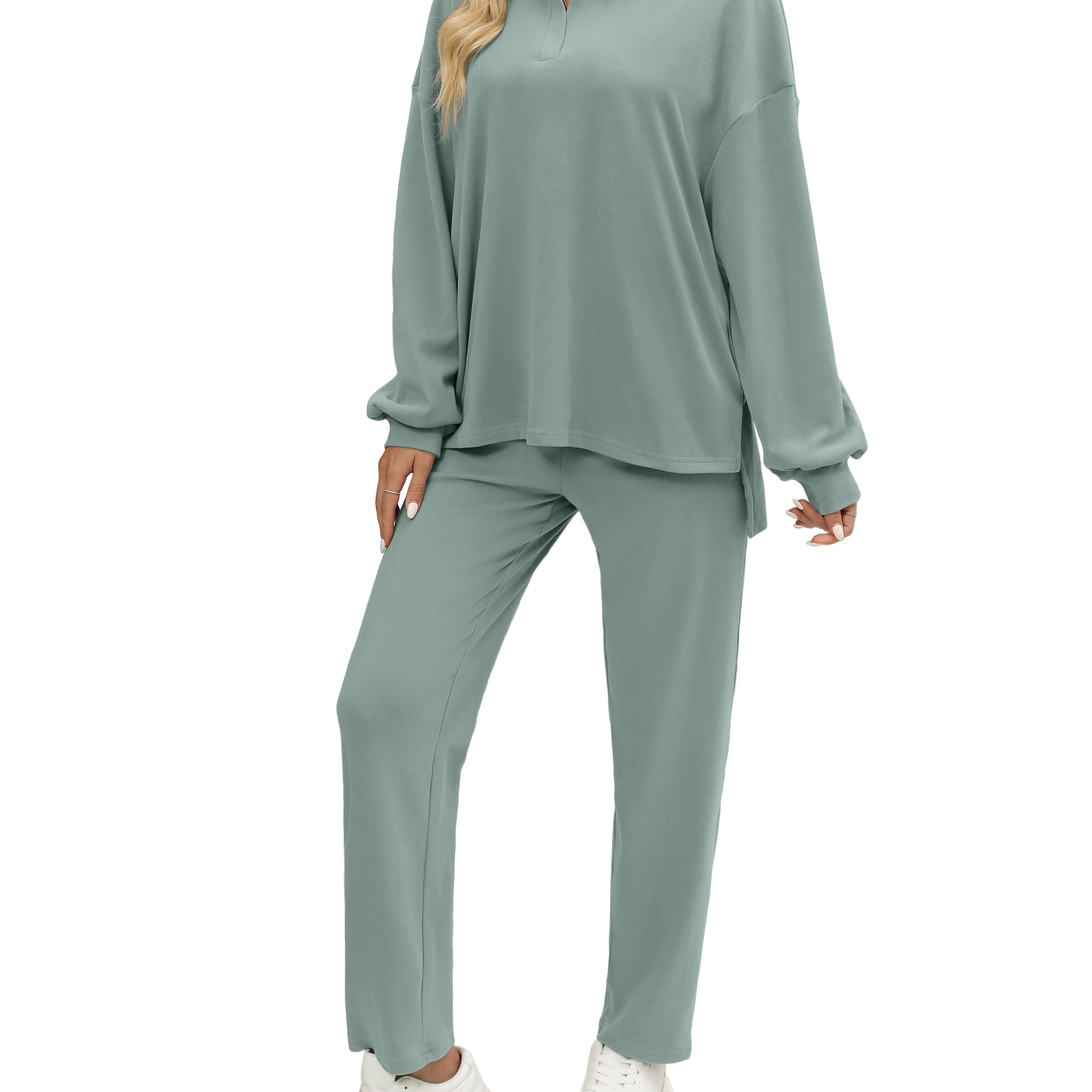 Two Pieces Outfits For Women Oversized Side Slit Sweatshirts&Comfortable Long Pants Sweatsuits