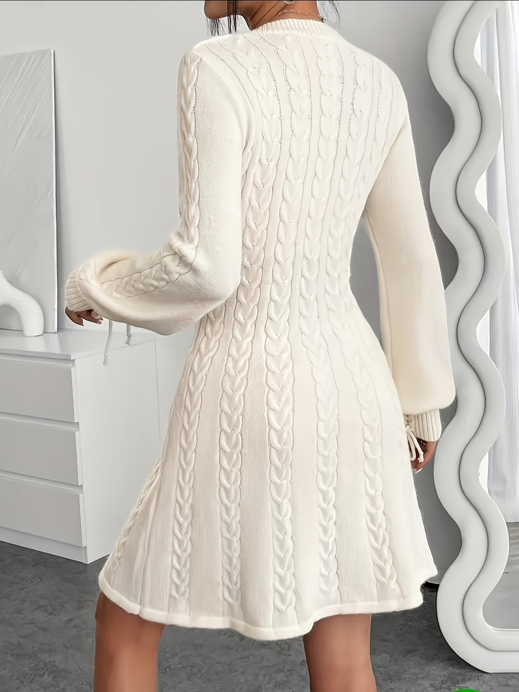 Plus Size, Plus Size Women's Elegant Cable- Dress - V-Neck A-Line Midi Length with Puff Sleeve & Voluminous Hem, Voluminous Dress for Curvy (200+ lbs) - Wedding Guest, Party, Casual Attire - All-Season White Sweater Dress, Dr