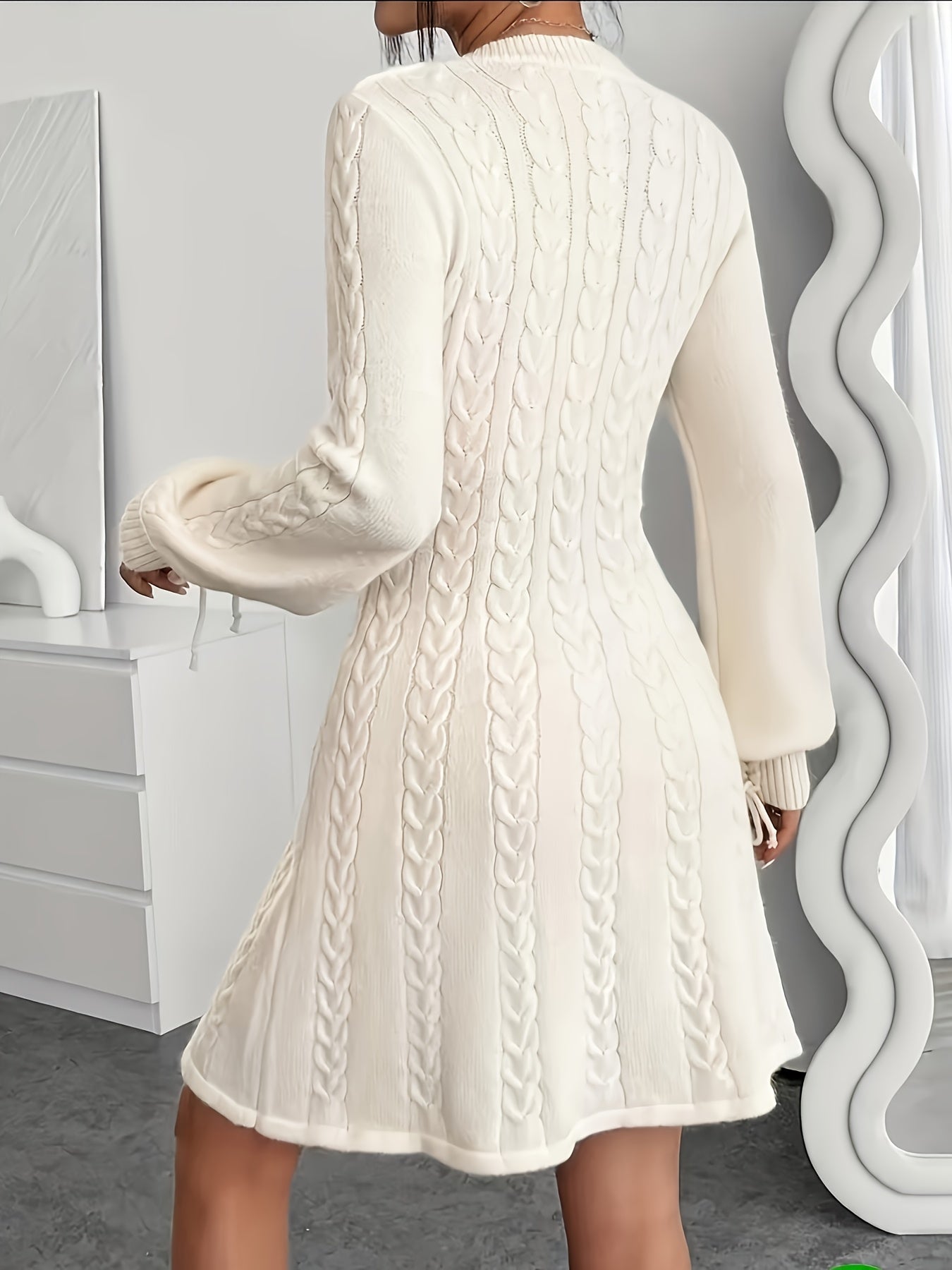 Plus Size, Plus Size Women's Elegant Cable- Dress - V-Neck A-Line Midi Length with Puff Sleeve & Voluminous Hem, Voluminous Dress for Curvy (200+ lbs) - Wedding Guest, Party, Casual Attire - All-Season White Sweater Dress, Dr