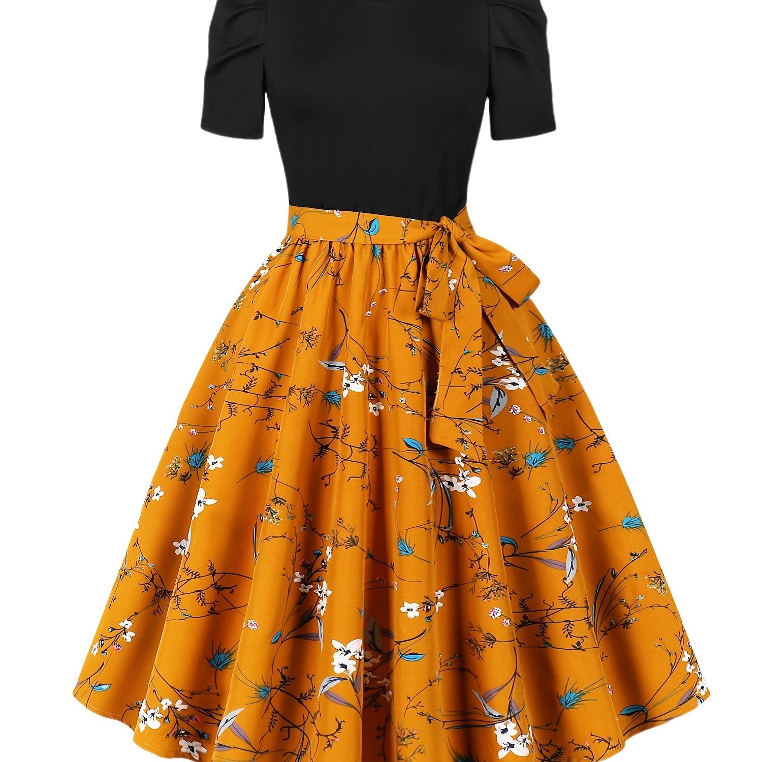 Women's Summer Floral Print Puff Sleeve Dress - Elastic Waist Knee-Length Party & Casual Dress with Orange/Blue/White/Black Pattern, Machine Washable, Cute Summer Dresses, Vacation Outfit, Evening Wear, Stretchable Fabric
