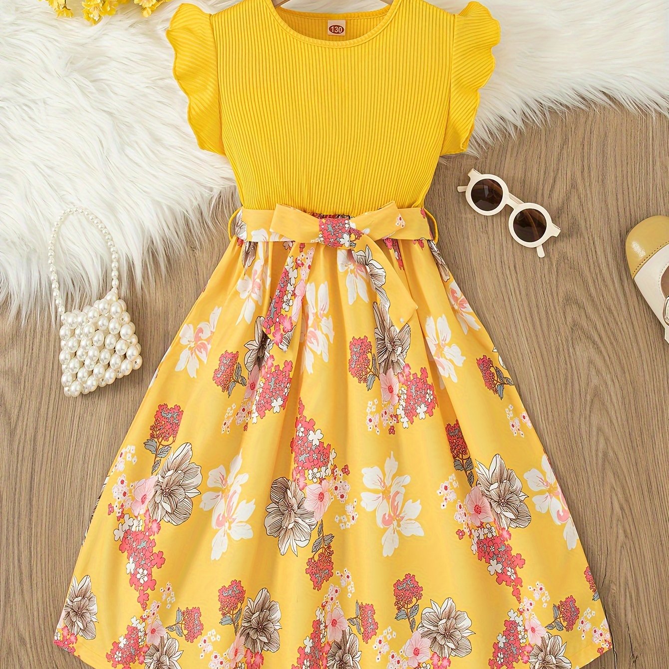 Elegant Girl's Ruffle Trim Crew Neck Strapped Dresses For Summer Holiday Gift Party