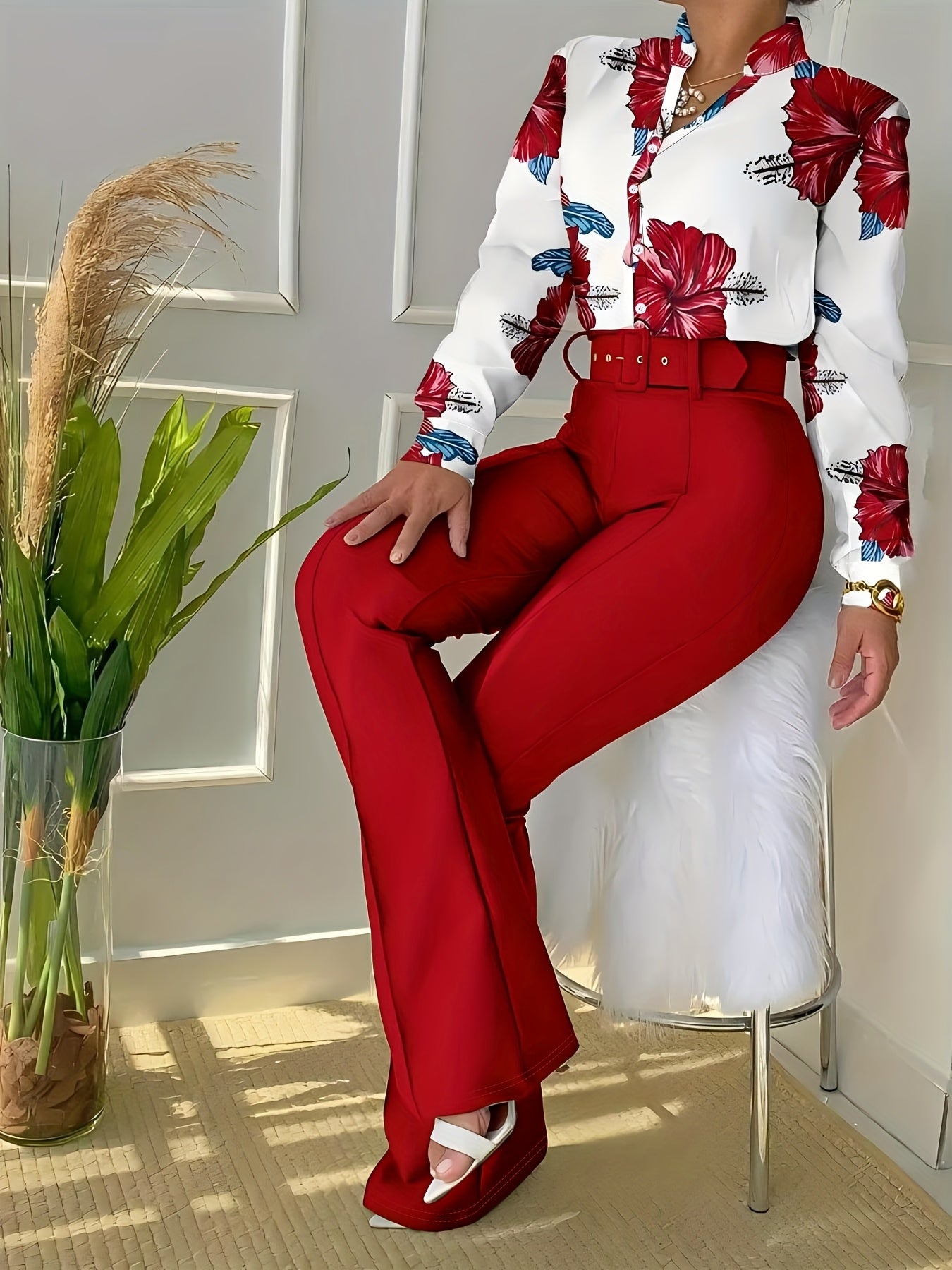 Women'S Casual Floral Print Two-Piece Set - Long Sleeve Blouse with Ruffle Detail, Wide-Leg Pants, and White Heels, All-Season Stylish Outfit, Casual Attire | Floral Print Top | Ruffle Detail Top, Ladies Casual Wear