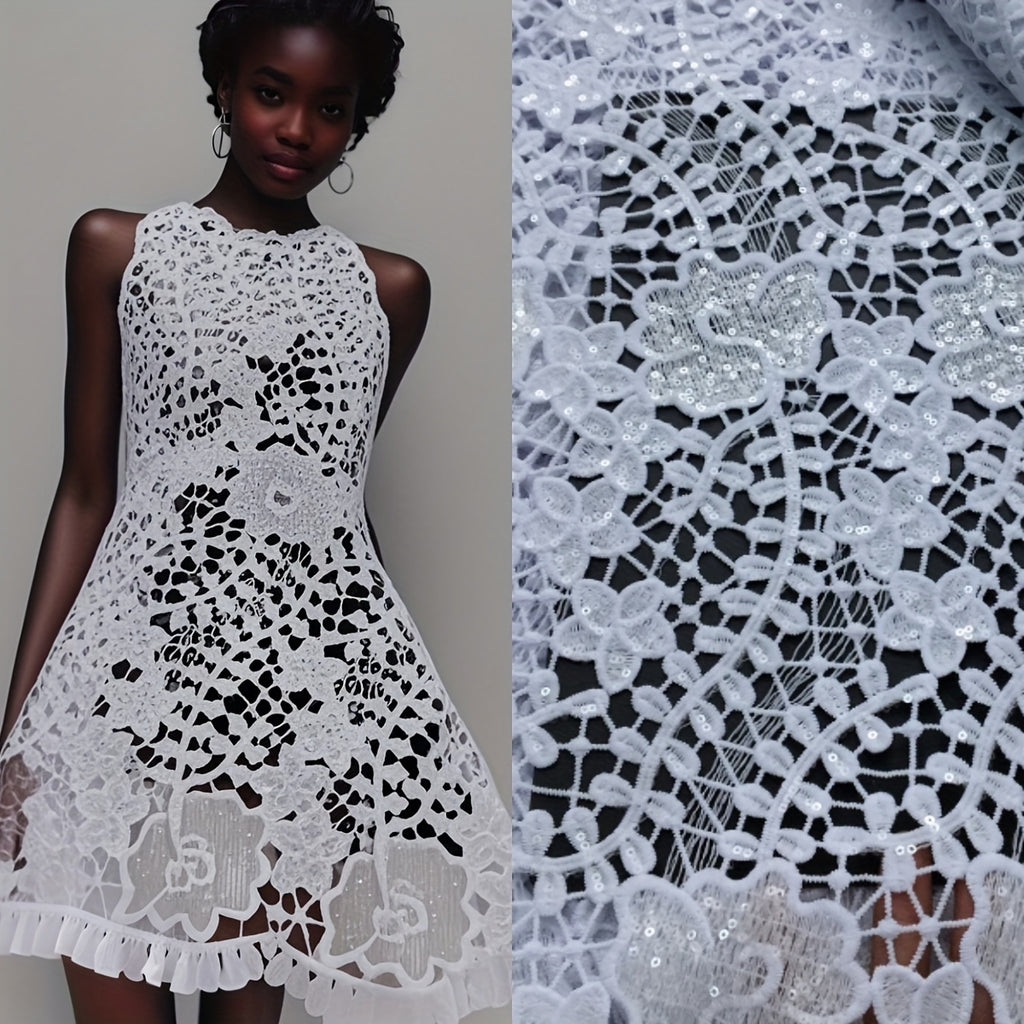 1pc 5 Yards White Guipure Cord Lace Fabric with Sequins - 100% Polyester French Water Soluble Lace, Floral Pattern Precut Fabric for Elegant Women's Dresses, Hand Wash Only, Wedding Attire | Sophisticated Style | Texture