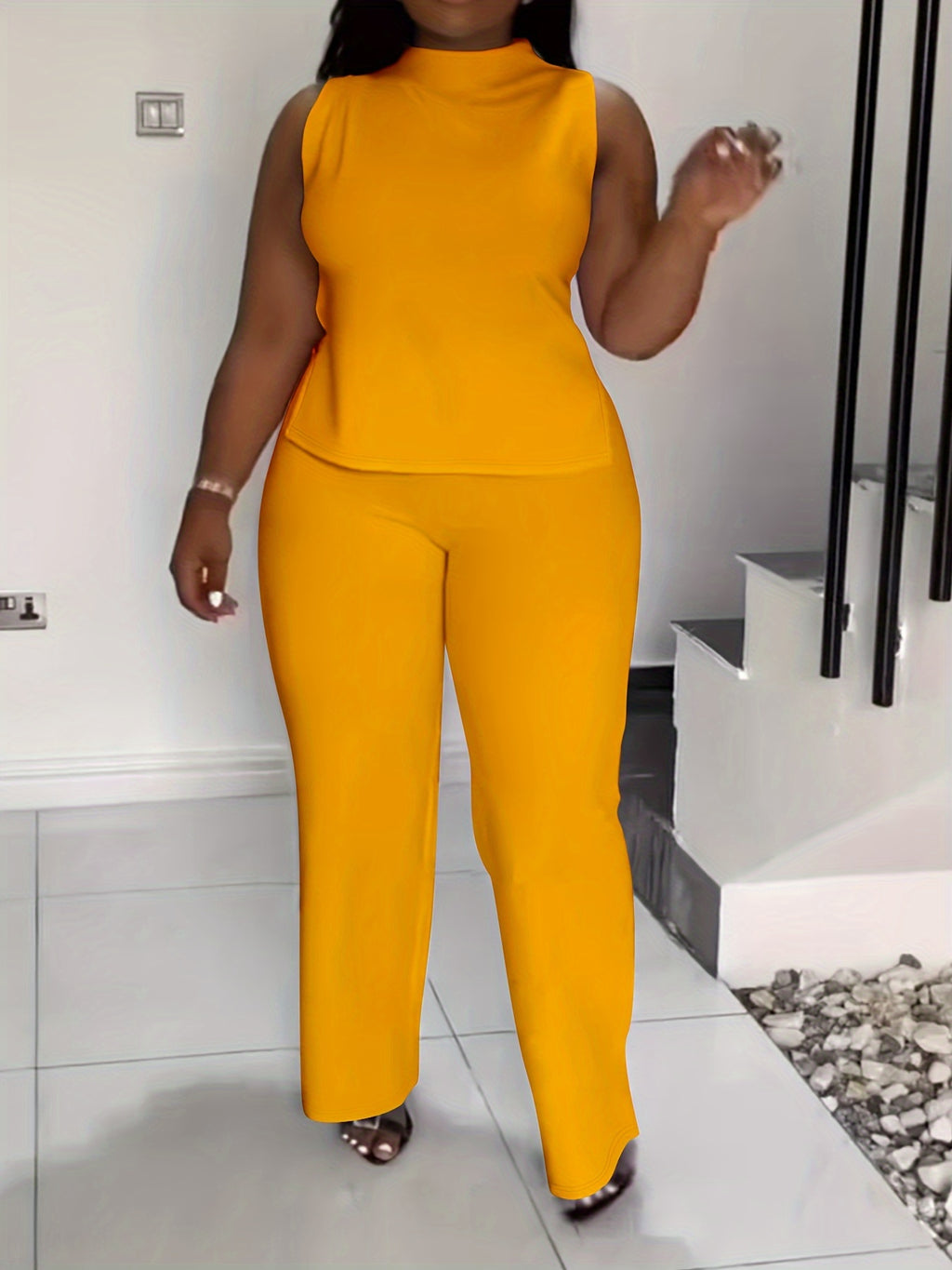 Plus Size Elegant Lash Sets - High Neck, Split Sleeveless Top & Slit Hem Pants, Medium Stretch Polyester, Machine Washable, Solid Color, No Printing - Summer Outfits for Women