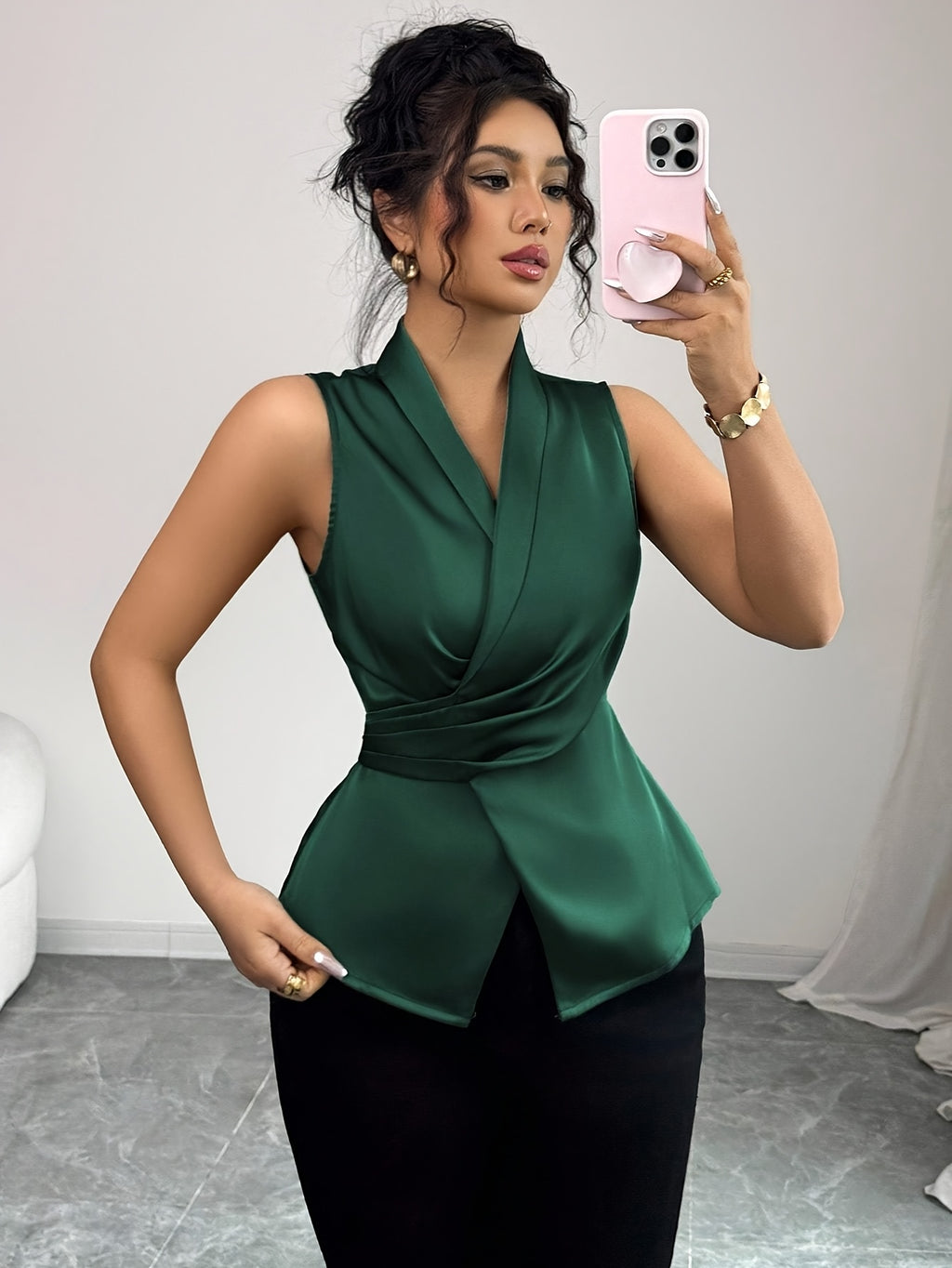Women's Elegant Sleeveless Blouse with Adjustable Waist Tie Belt - Solid Green () Office to Party Shirt, Structured Collar & Back Closure, Machine Washable Non-Stretch Top for Spring Summer Fall Casual & Formal Wear, Womens T