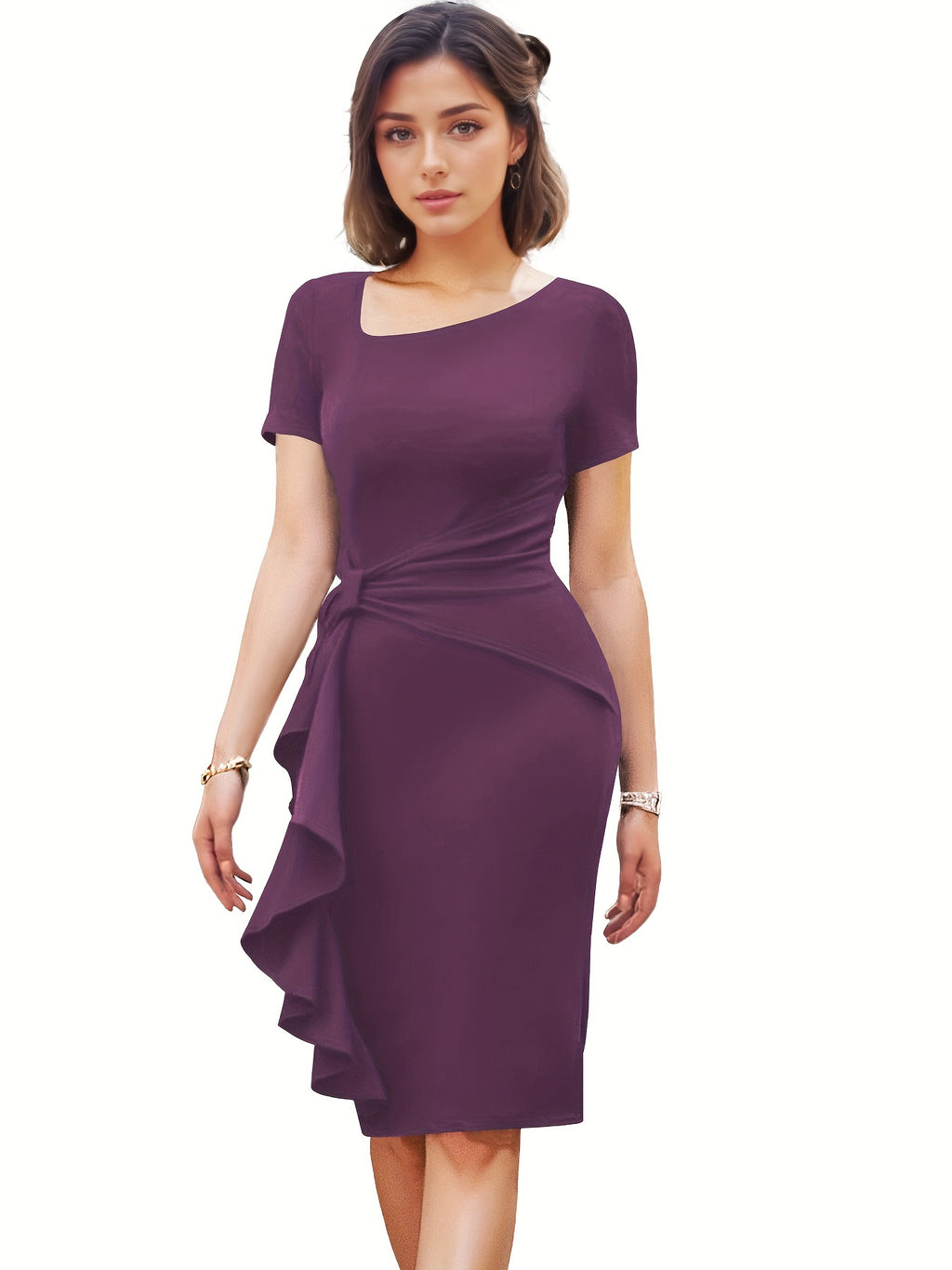 Women's Stretchy Bodycon Dress - Elegant Ruched Detailing & Asymmetrical Hem, Machine Washable Solid Color Party & Casual Dress for Spring Summer Fall, Casual Summer Dresses, Seasonal Fashion, Highelasticity Fabric